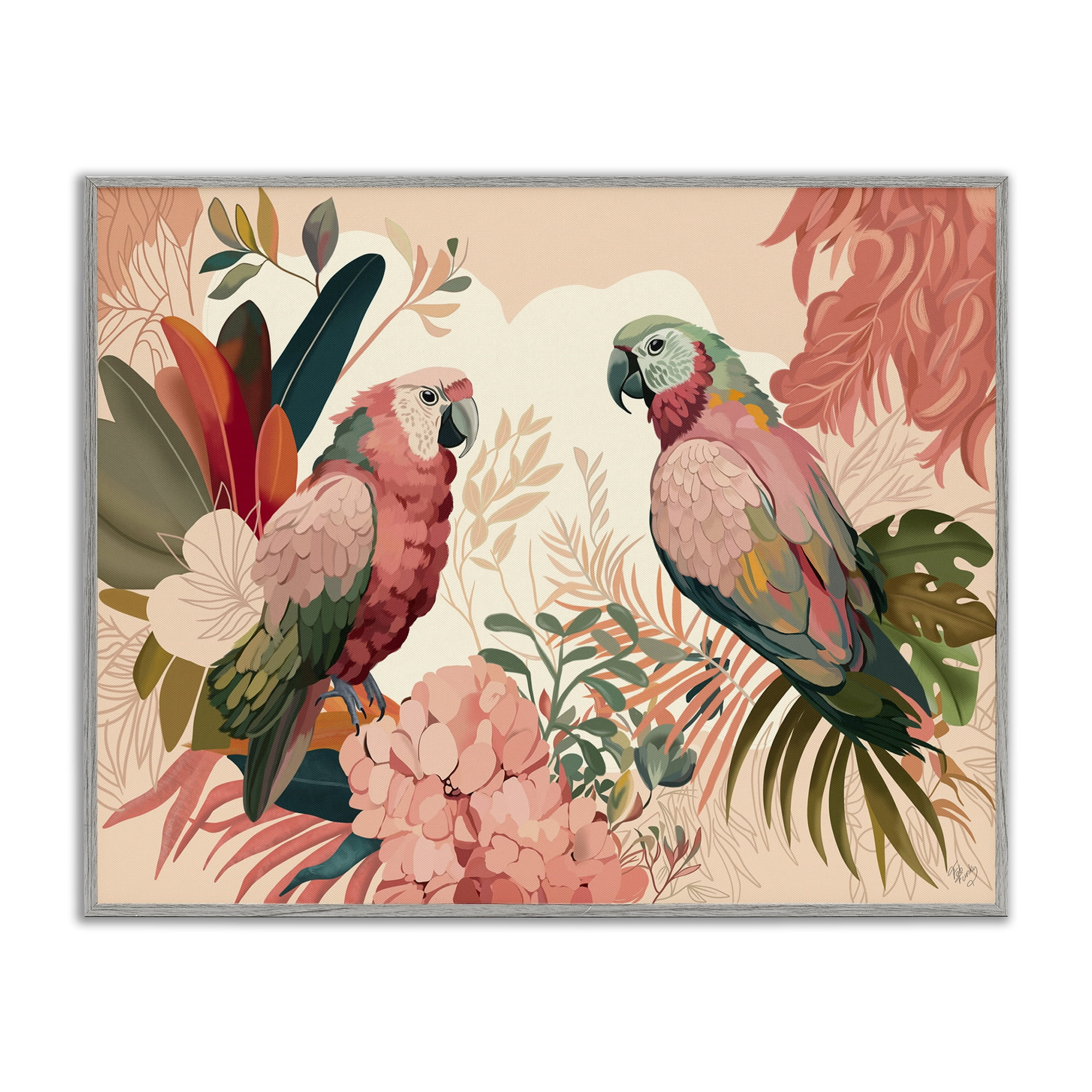 Stupell Industries Pink Parrots & Leaves Animals & Insects Painting Gray Framed Art Print Wall Art, 14 x 11