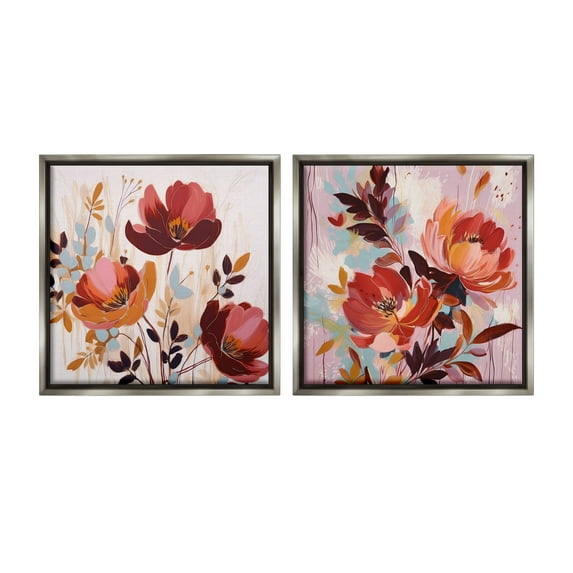 Stupell Industries Red Modern Flowers Botanical & Floral Painting Gray Floater Framed Canvas Art Print Wall Art, 18 x 18, Set of 2