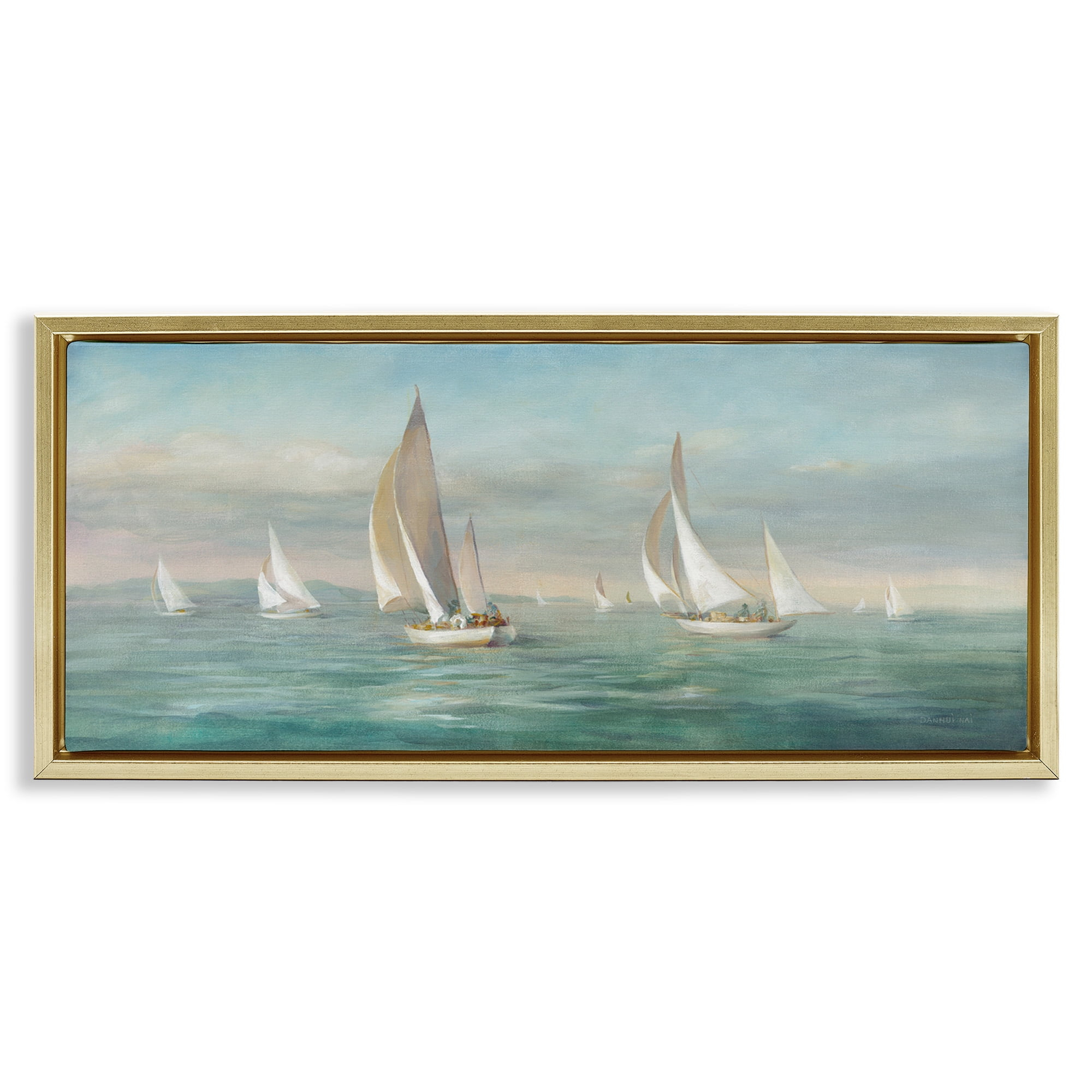 Stupell Industries Sailboat Fleet Ocean Waves Transportation Painting Gold Floater Framed Canvas Art Print Wall Art, 25 x 11