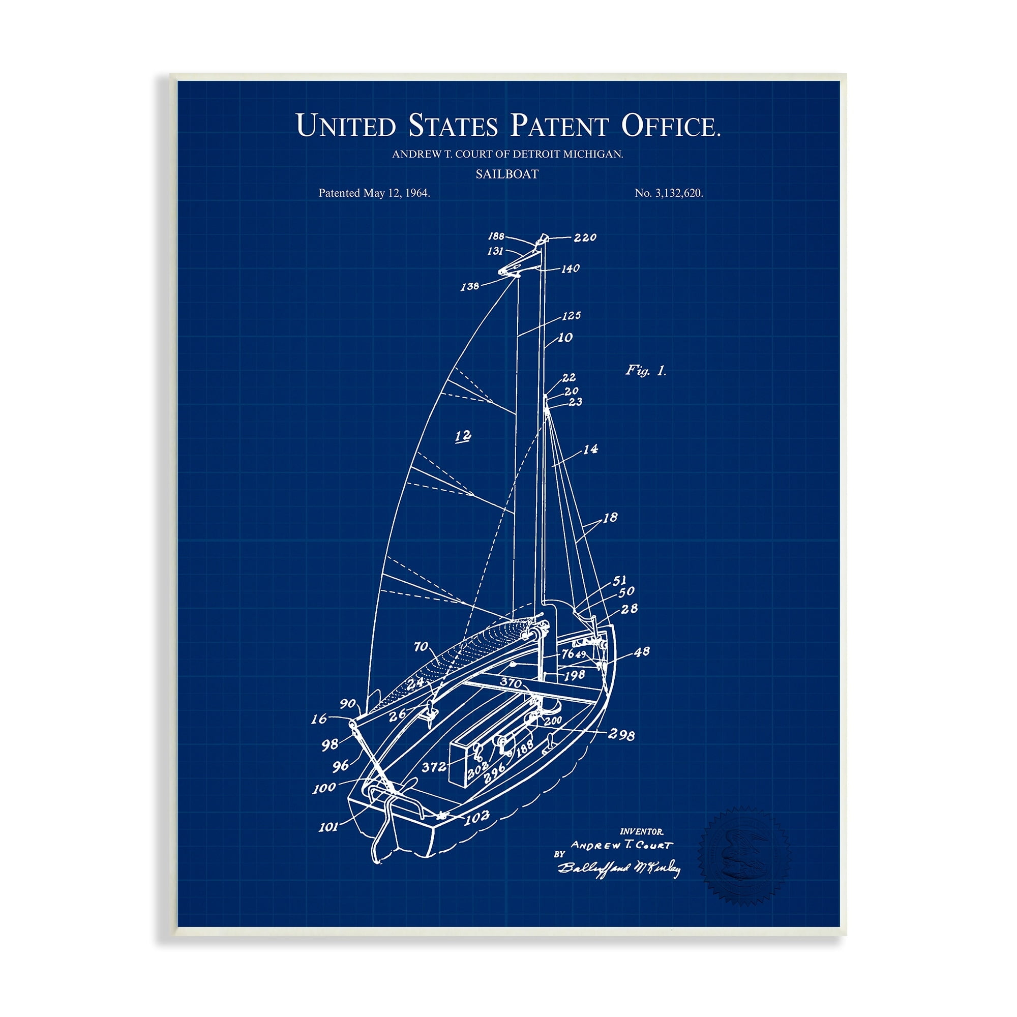 Stupell Industries " Sailboat Watercraft Blue Patent Office Diagram Blueprint " by Karl Hronek