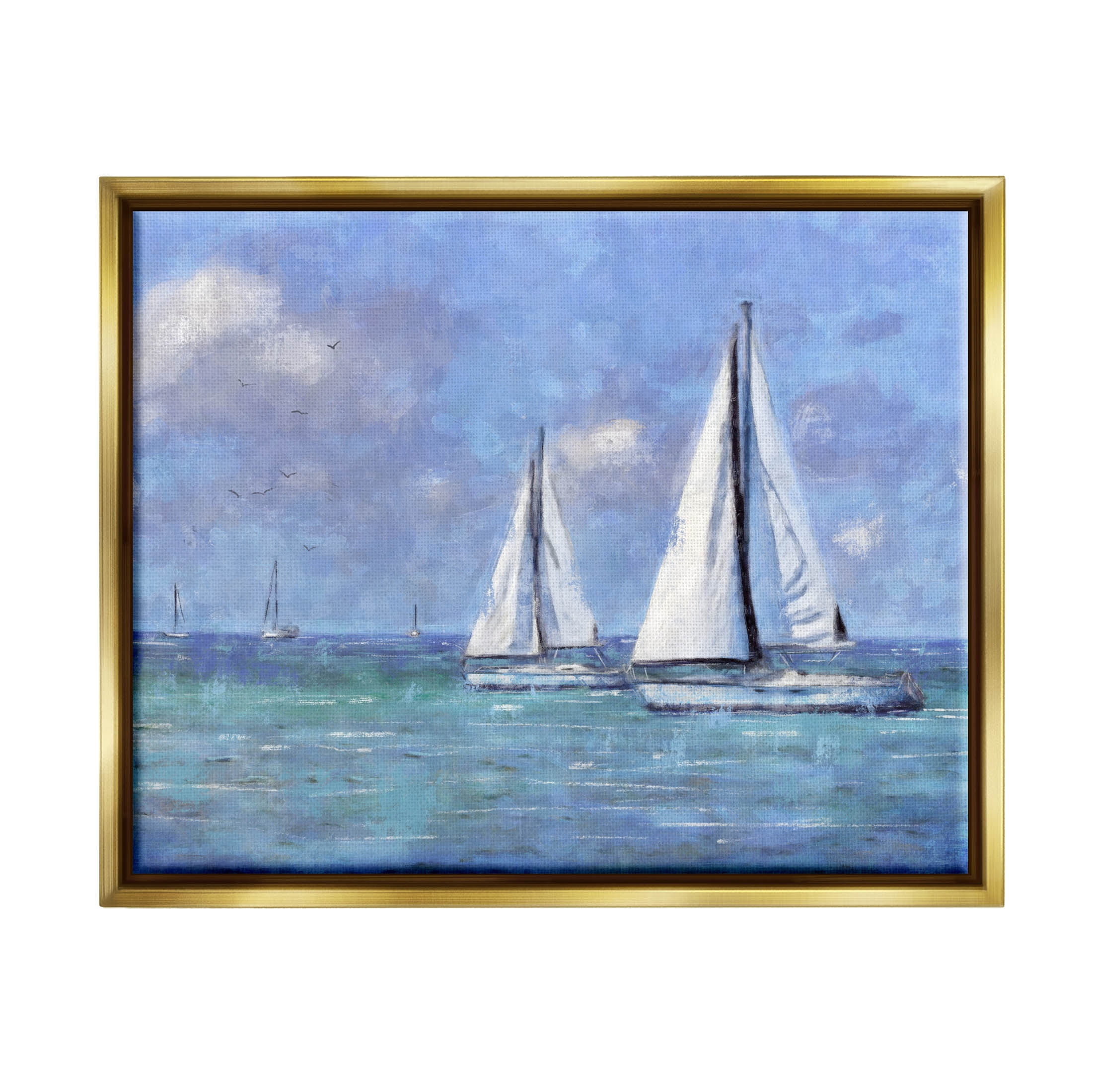 Stupell Industries Sailboats Drifting Vivid Blue Sky Painting Metallic Gold Floating Framed Canvas Print Wall Art, Design by Nina Blue