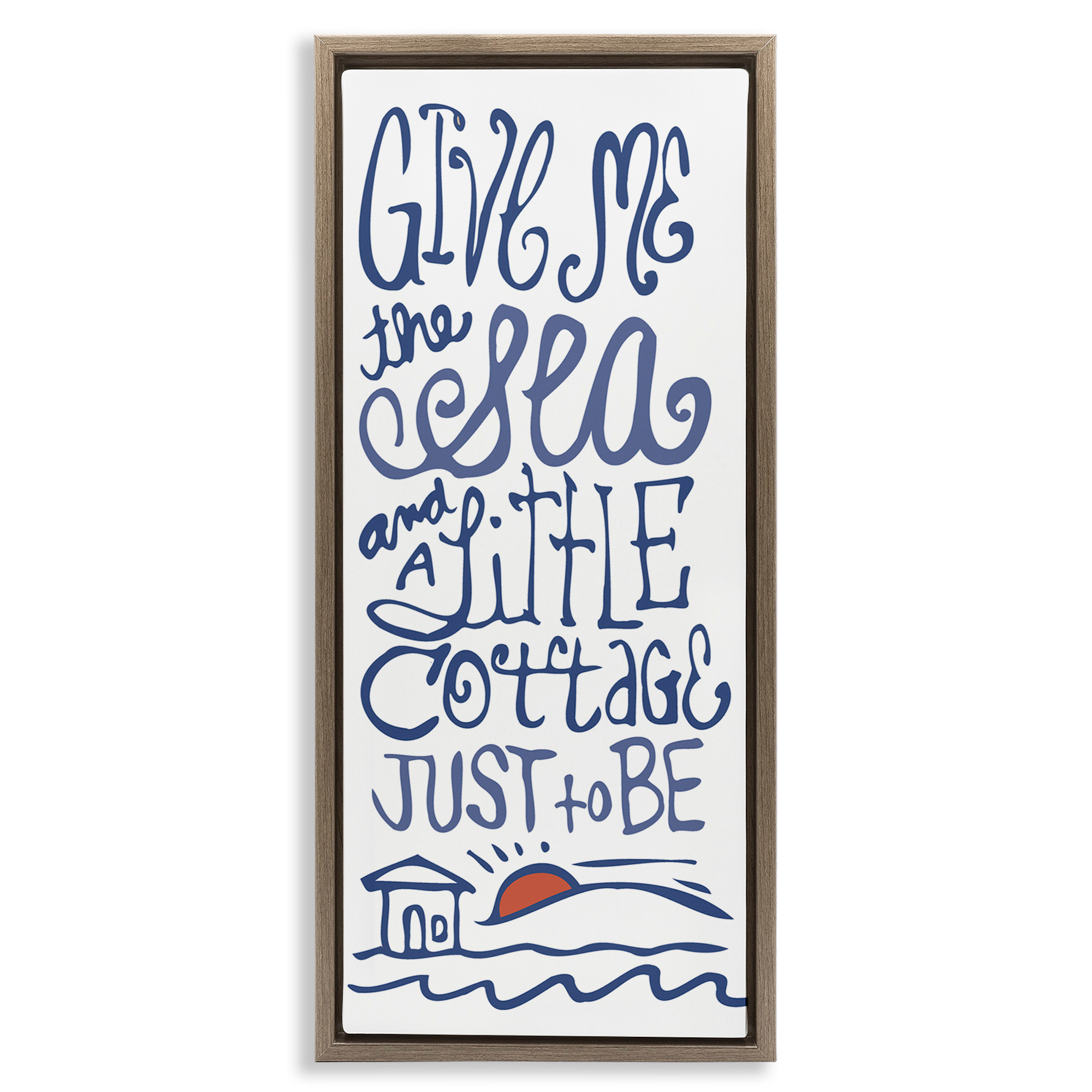 Stupell Industries Sea & Cottage Beach Life Calligraphy Nature Painting Brown Floater Framed Canvas Art Print Wall Art, 15 x 31