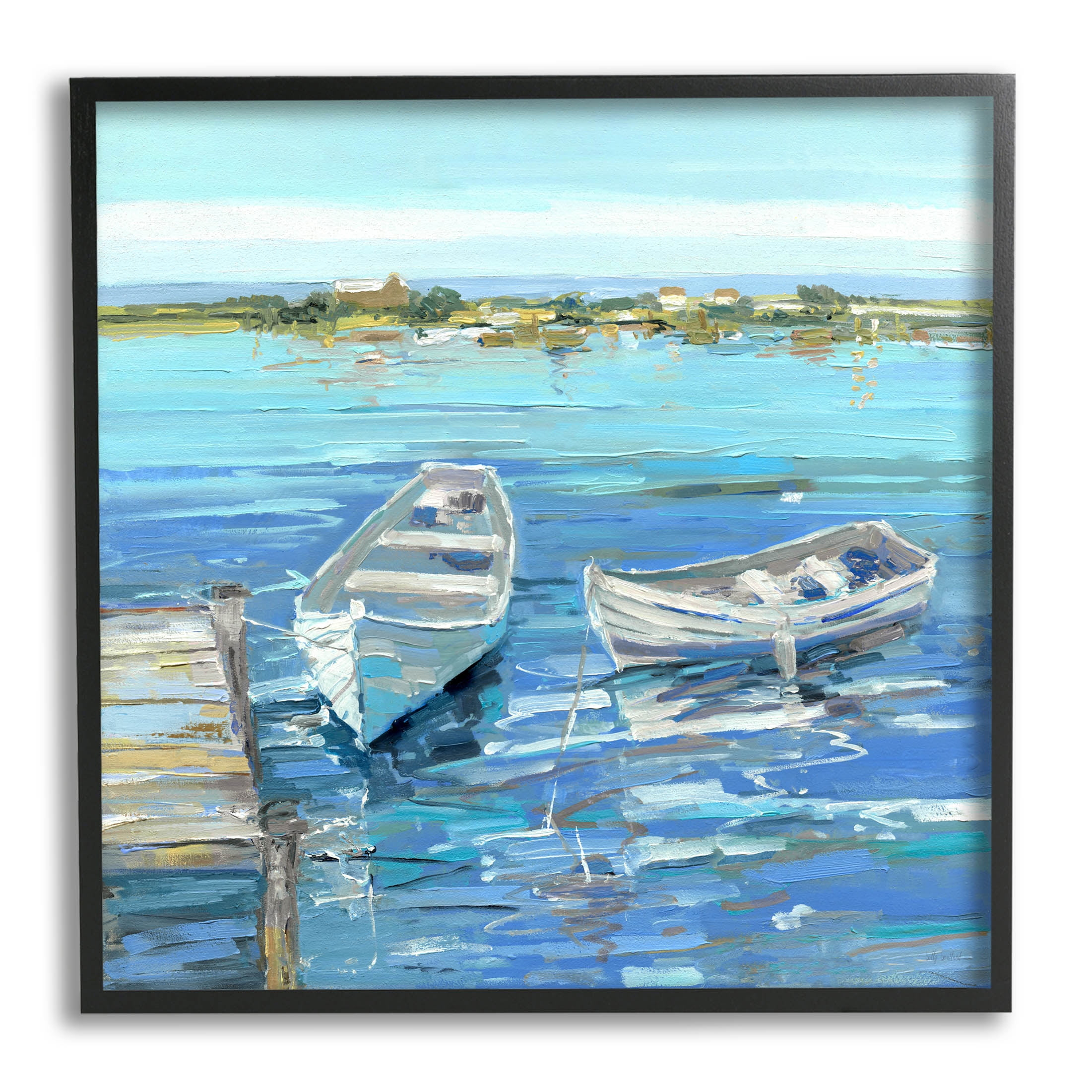 Stupell Industries Serene Rowboats Ocean Dock Painting Black Framed Art Print Wall Art, Design by Sally Swatland