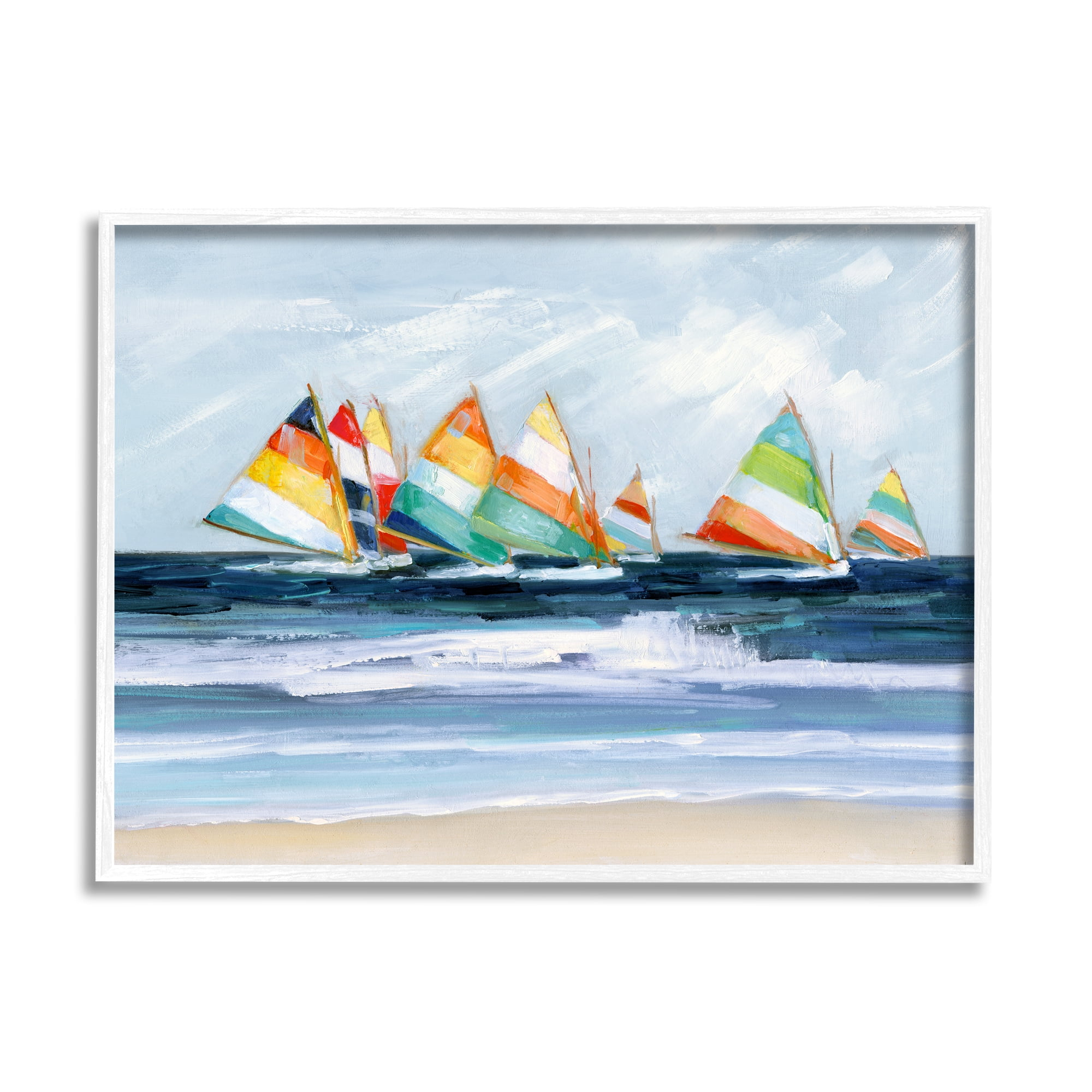 Stupell Industries Shoreline Sailboat Race Striped Sails Coastal Painting, 14 x 11, Design by Sally Swatland