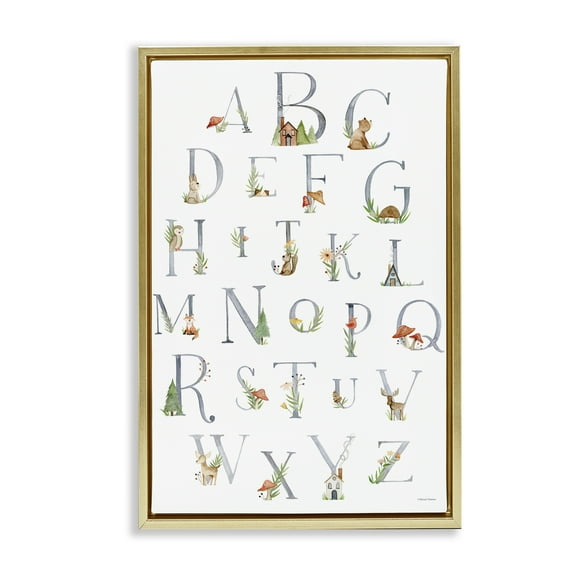 Stupell Industries Soft Cottage Alphabet Town & City Painting Gold Floater Framed Art Print Wall Art, 21 x 31