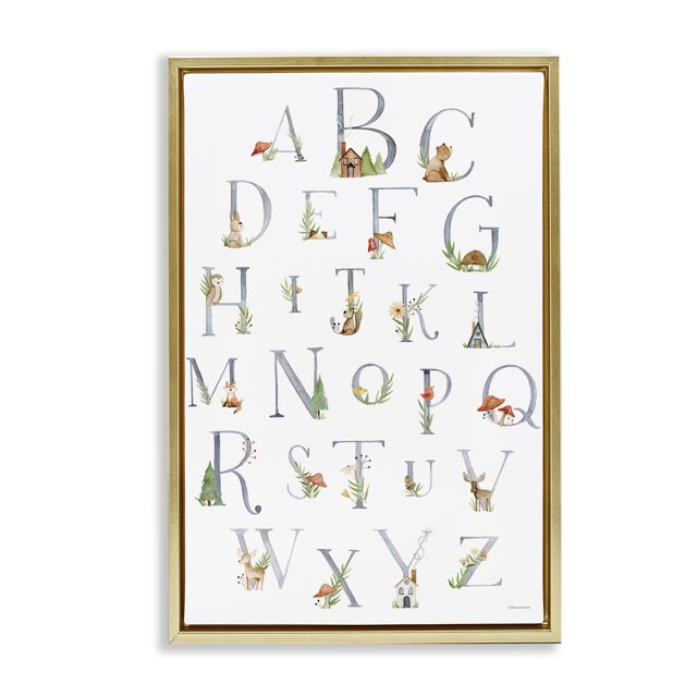 Stupell Industries Soft Cottage Alphabet Town & City Painting Gold Floater Framed Art Print Wall Art, 21 x 31