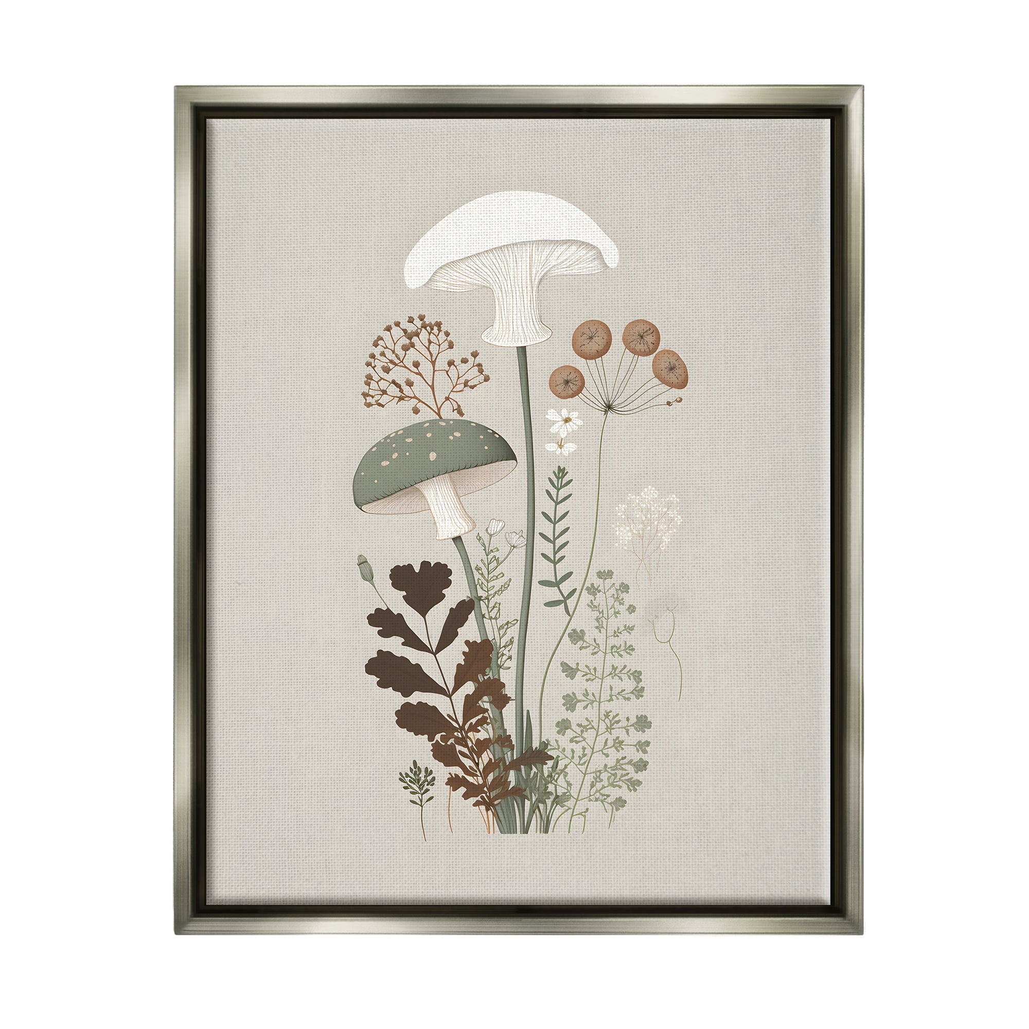 Stupell Industries Soft Mushrooms on Grey Botanical & Floral Painting Gray Floater Framed Canvas Art Print Wall Art, 17 x 21