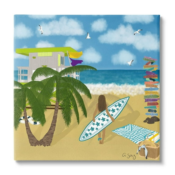 Stupell Industries Surfer Girl Walking Tropical Beach Coastal Painting Gallery Wrapped Canvas Print Wall Art