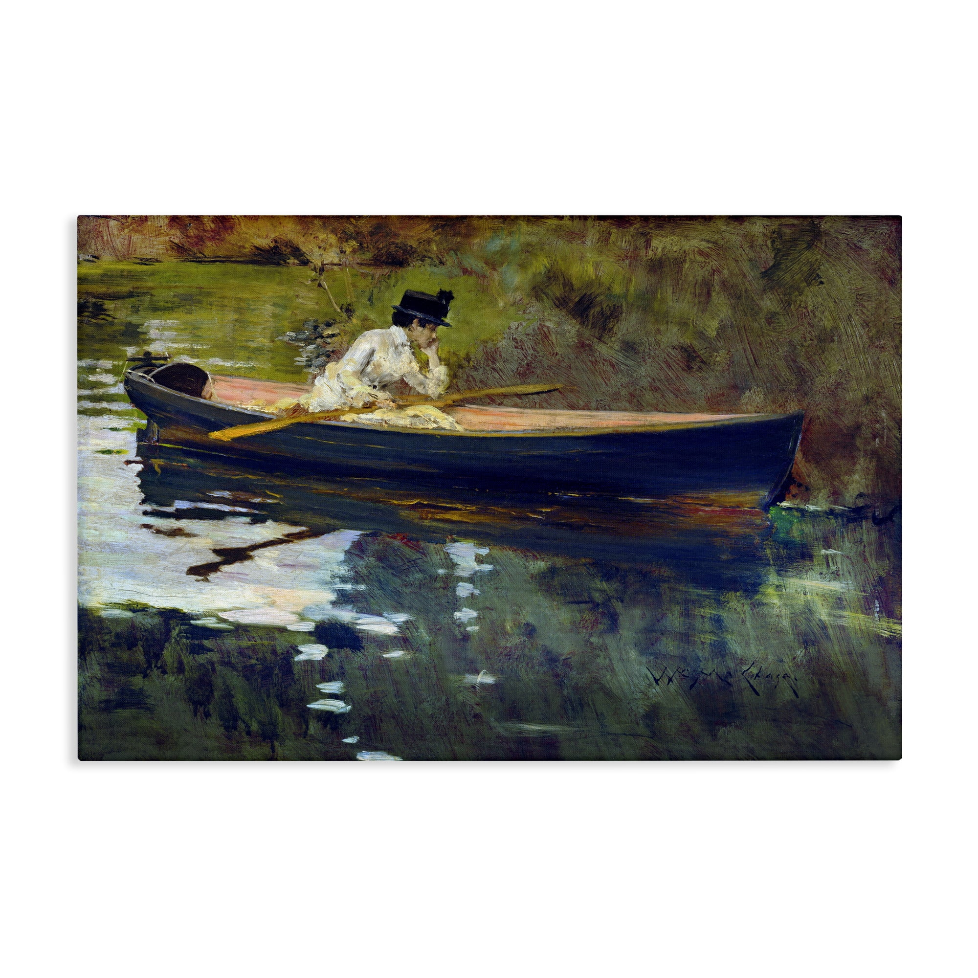 Stupell Industries Thoughtful Woman on Canoe Novelty Painting Gallery Wrapped Canvas Art Print Wall Art, 24 x 16
