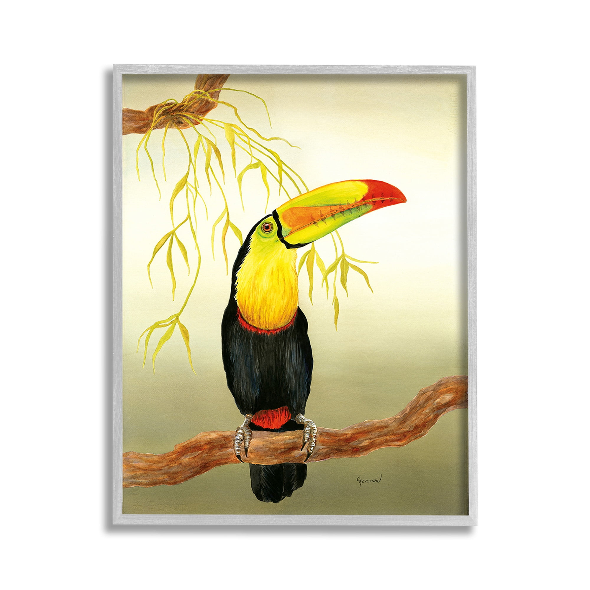 Stupell Industries Toucan on Forest Branch Animals & Insects Painting Gray Framed Art Print Wall Art, 11 x 14