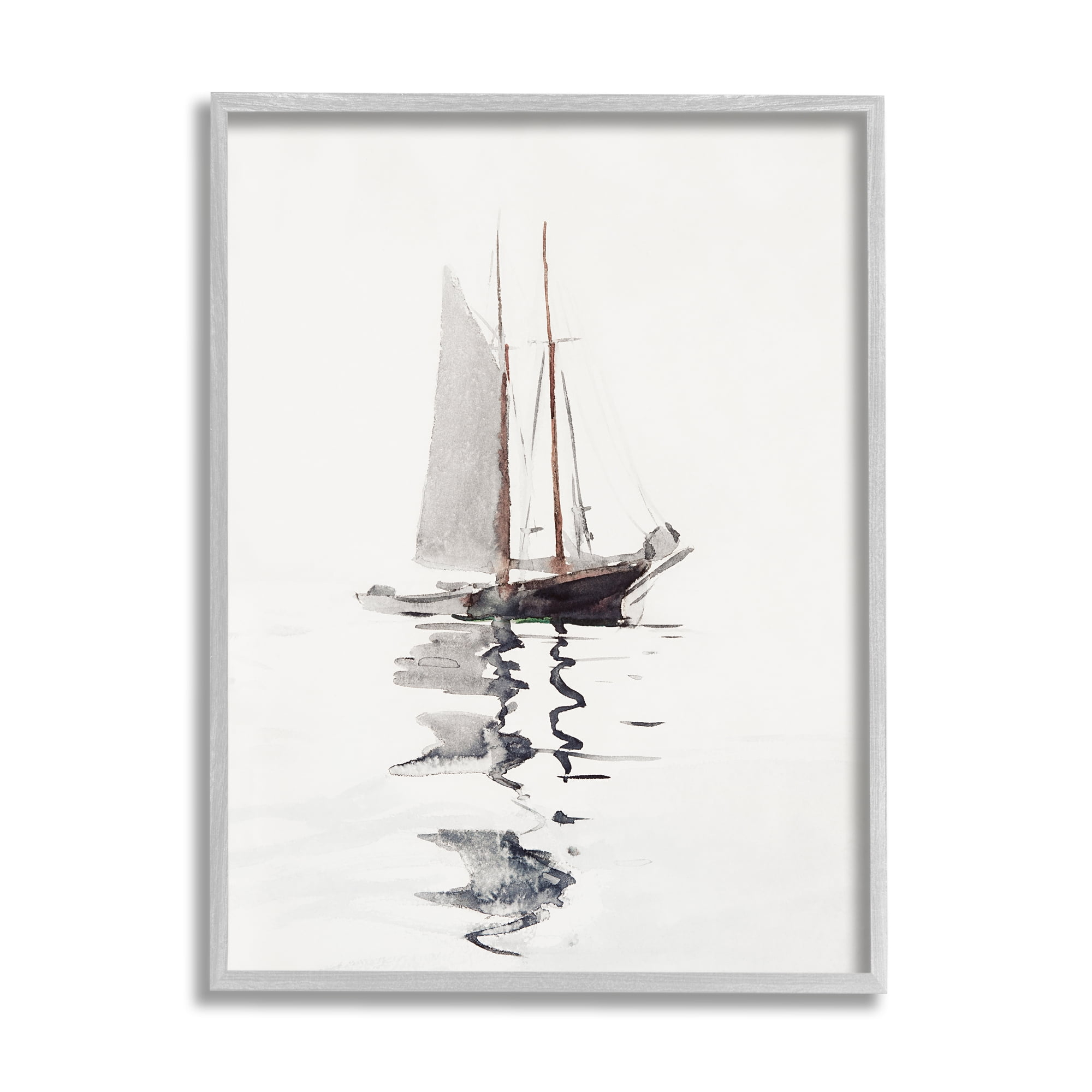 Stupell Industries Tranquil Sailboat Vessel Floating Lone Ocean Reflection Painting Gray Framed Art Print Wall Art, Design by Lettered and Lined