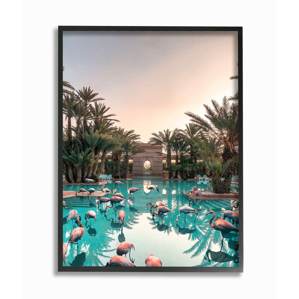 Stupell Industries Tropical Pink Flamingo Pool Relaxed Reflection Palm Trees Framed Wall Art Design by Ziwei Li, 24" x 30", Black Framed