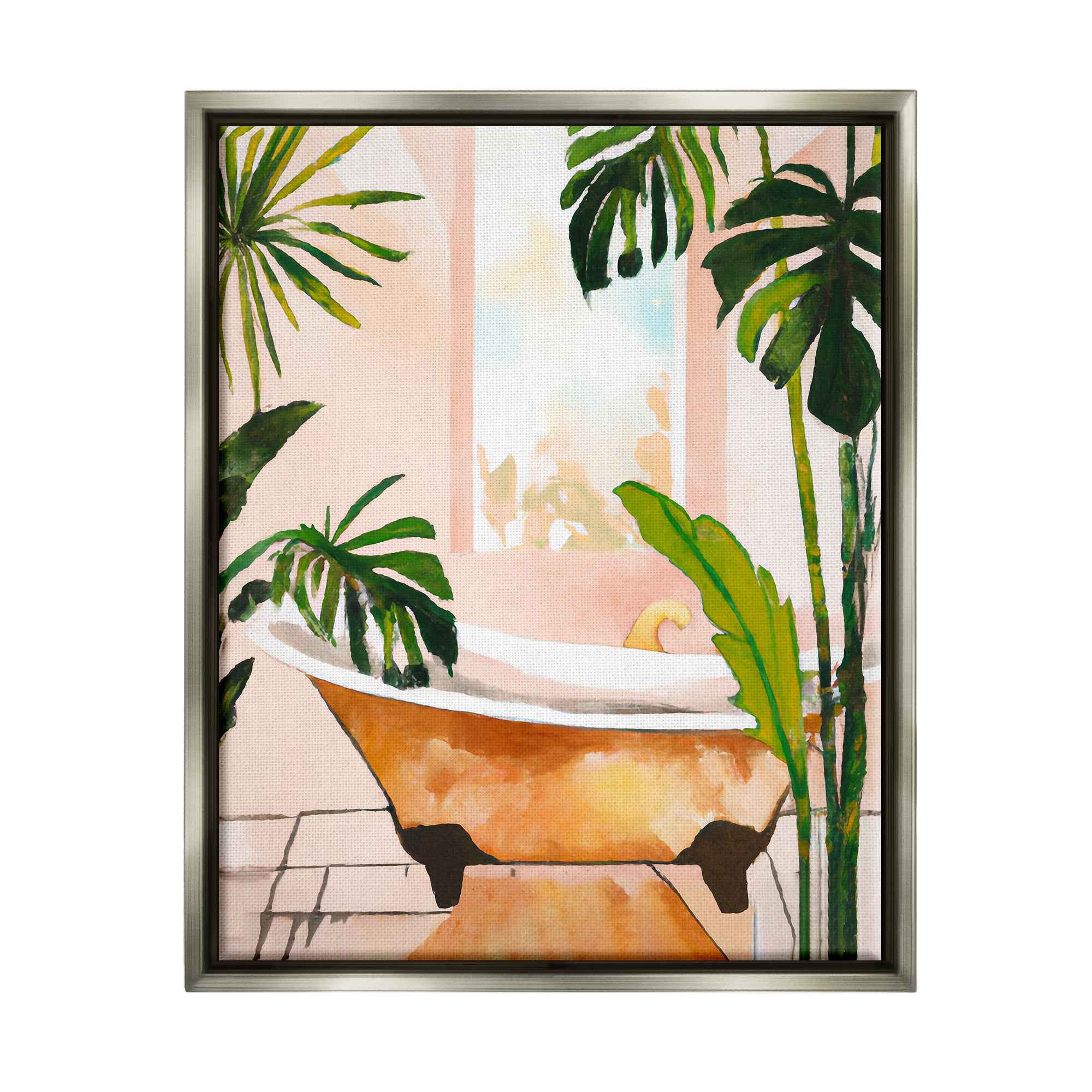 Stupell Industries Tropical Plants & Bathtub Botanical & Floral Painting Gray Floater Framed Canvas Art Print Wall Art, 17 x 21