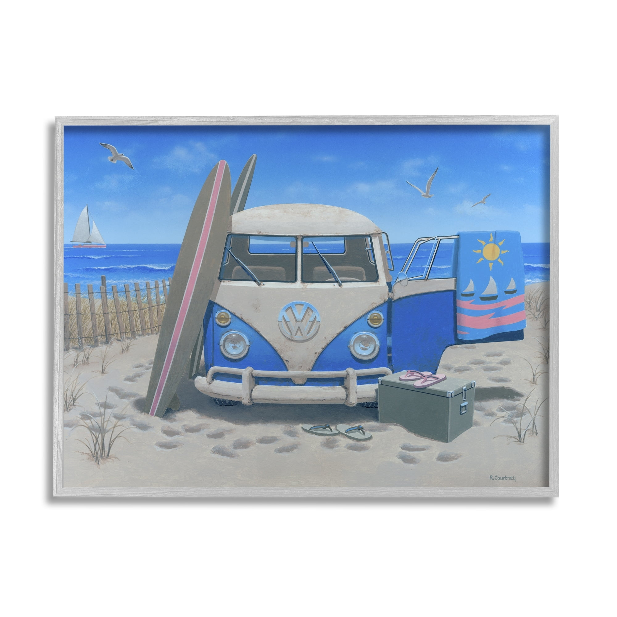 Stupell Industries Tropical Summer Beach Van Coastal Painting Gray Framed Art Print Wall Art