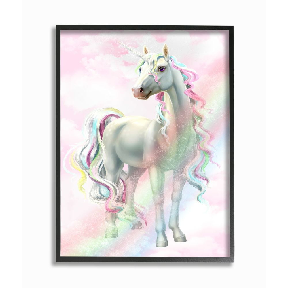 Stupell Industries Unicorn Rainbow Clouds Pink Children's Dream Fantasy Framed Wall Art Design by Ziwei Li, 11" x 14", Black Framed