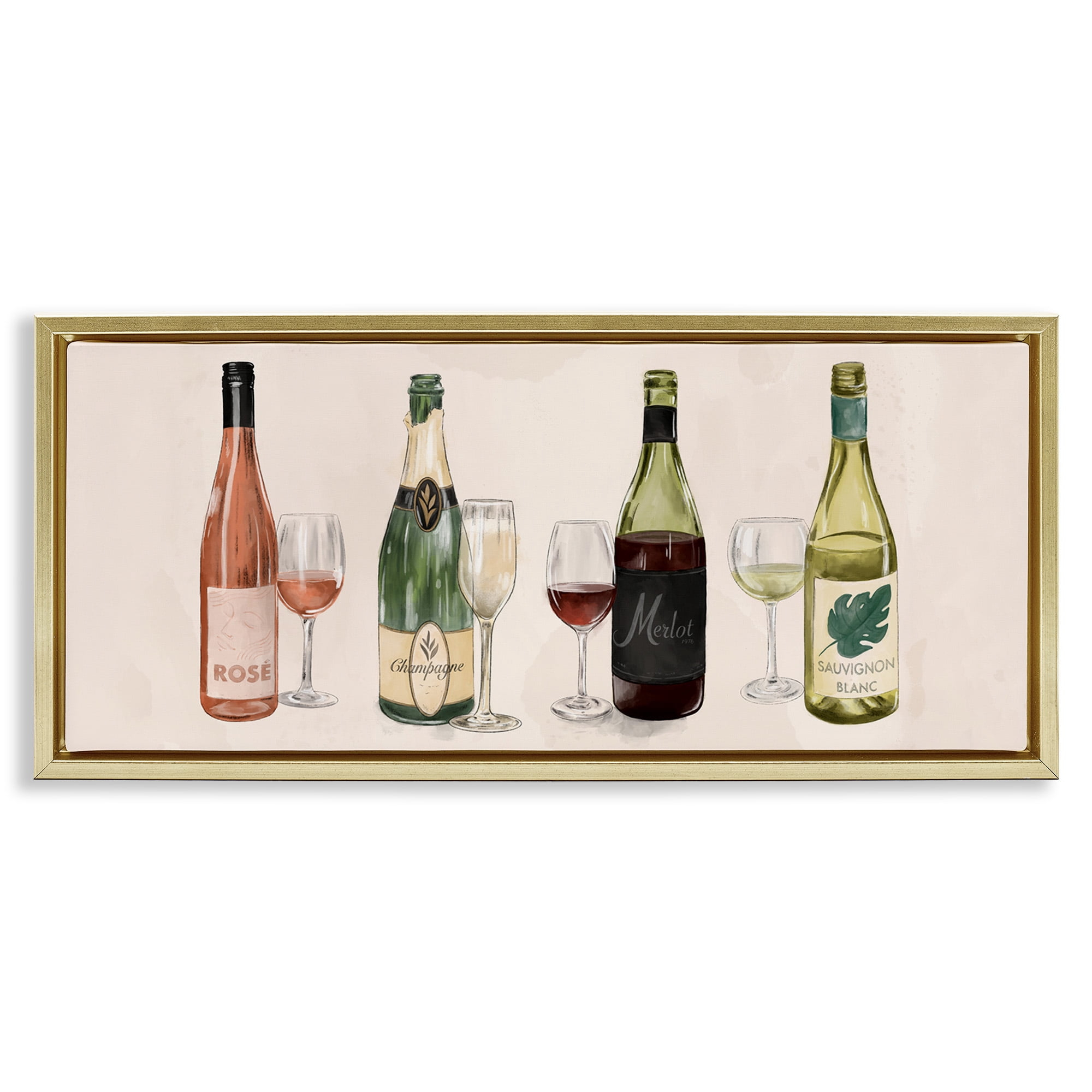 Stupell Industries Various Wine & Champagne Bottles Food & Beverage Painting Gold Floater Framed Canvas Art Print Wall Art, 25 x 11