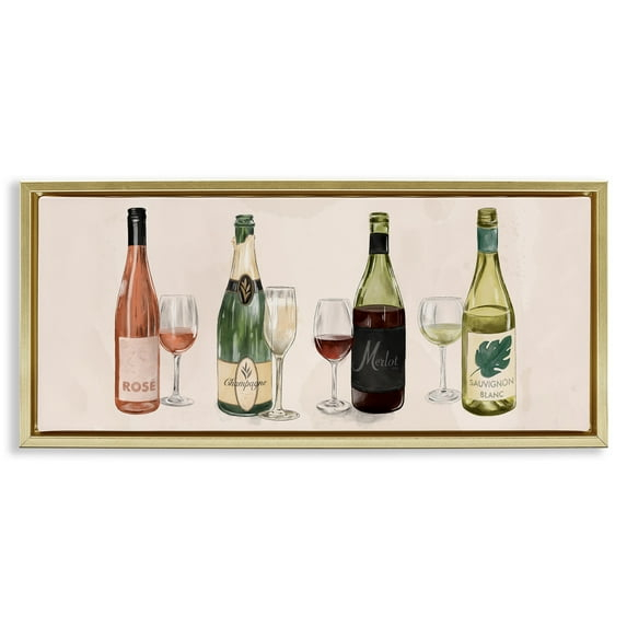 Stupell Industries Various Wine & Champagne Bottles Food & Beverage Painting Gold Floater Framed Canvas Art Print Wall Art, 25 x 11