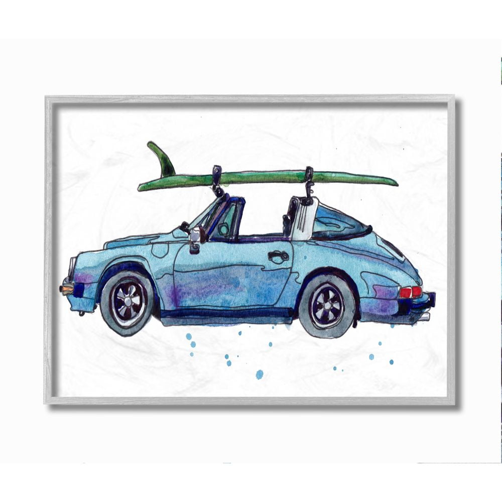 Stupell Industries Vintage Blue Car Retro Beach Surf Style Framed Wall Art Design by Paul McCreery, 11" x 14", Gray Framed