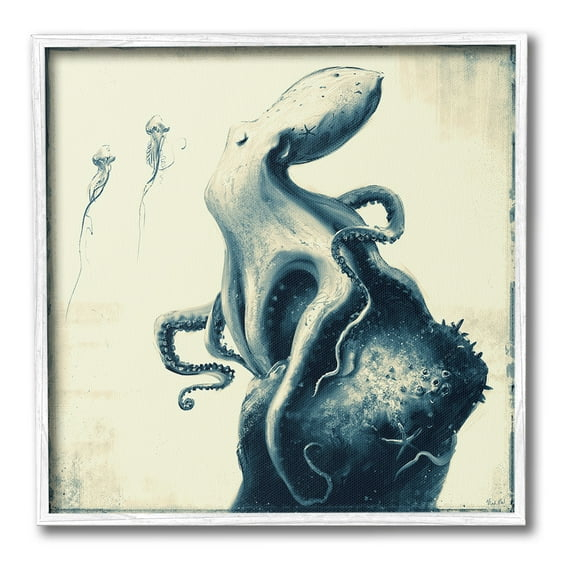 Stupell Industries Vintage Octopus & Jellyfish Animals & Insects Painting White Framed Art Print Wall Art, 24 x 24