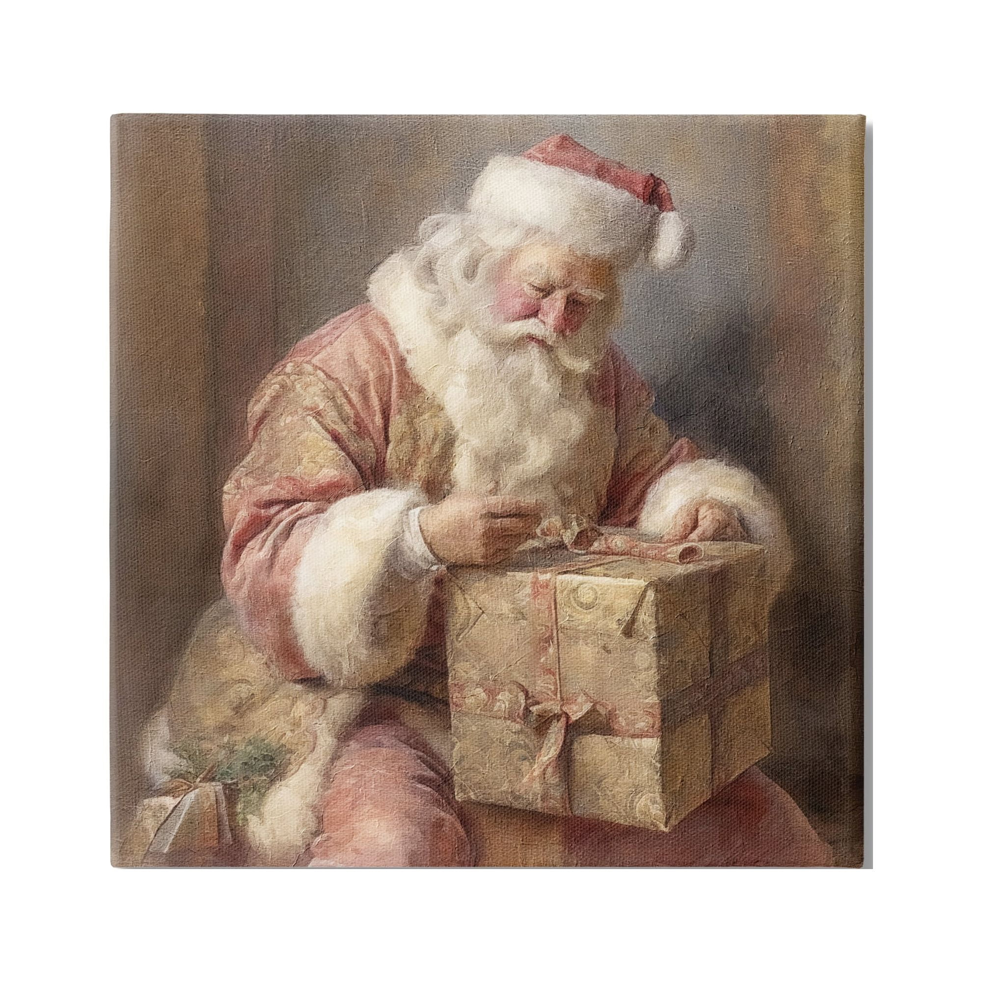 Stupell Industries Vintage Santa Wrapping Gift Holiday Painting Gallery Wrapped Canvas Art Print Wall Art, 17 x 17