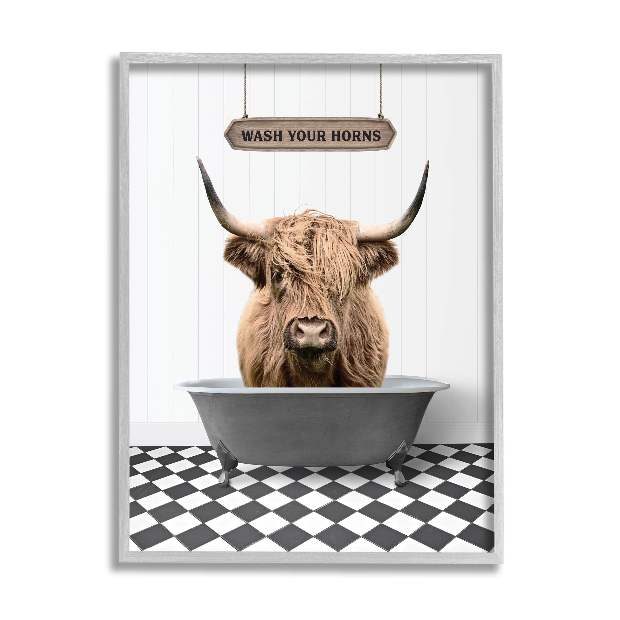 Stupell Industries Wash Your Horns Bathroom Animals & Insects Painting Gray Framed Art Print Wall Art, 11 x 14