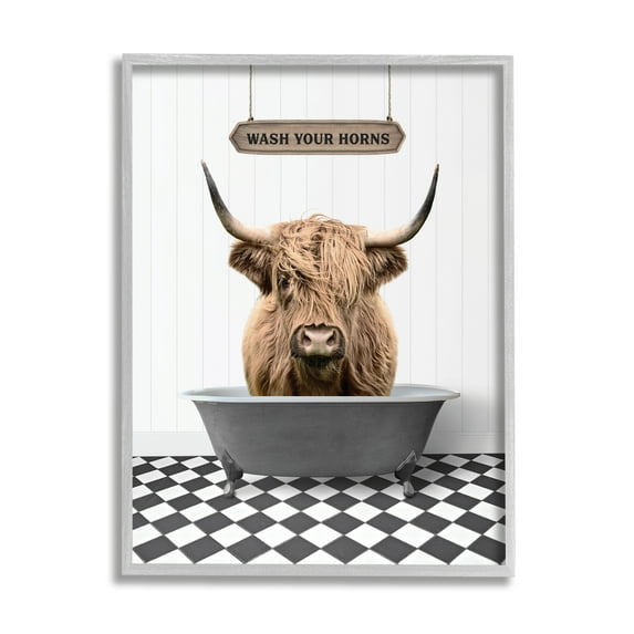 Stupell Industries Wash Your Horns Bathroom Animals & Insects Painting Gray Framed Art Print Wall Art, 11 x 14