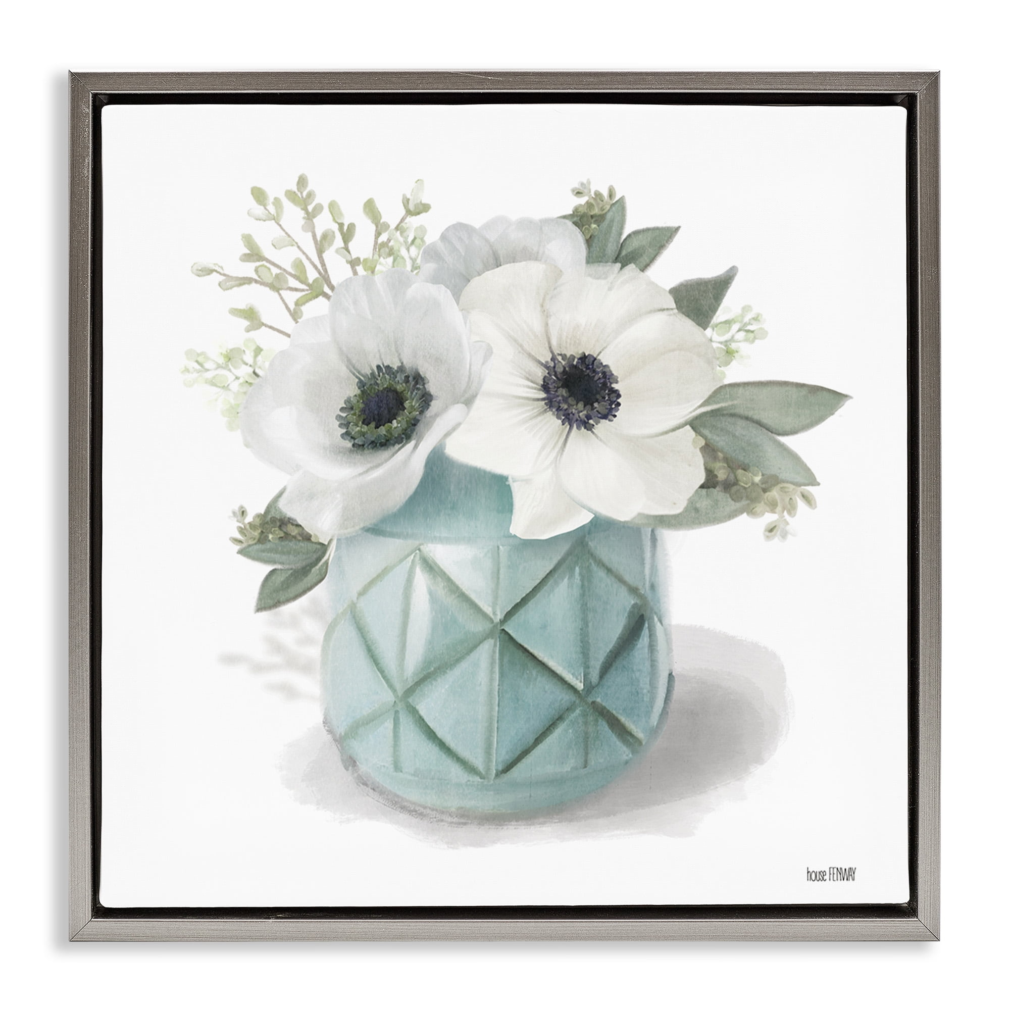 Stupell Industries White Flowers in Turquoise Vase Botanical & Floral Painting Gray Floater Framed Canvas Art Print Wall Art, 25 x 25