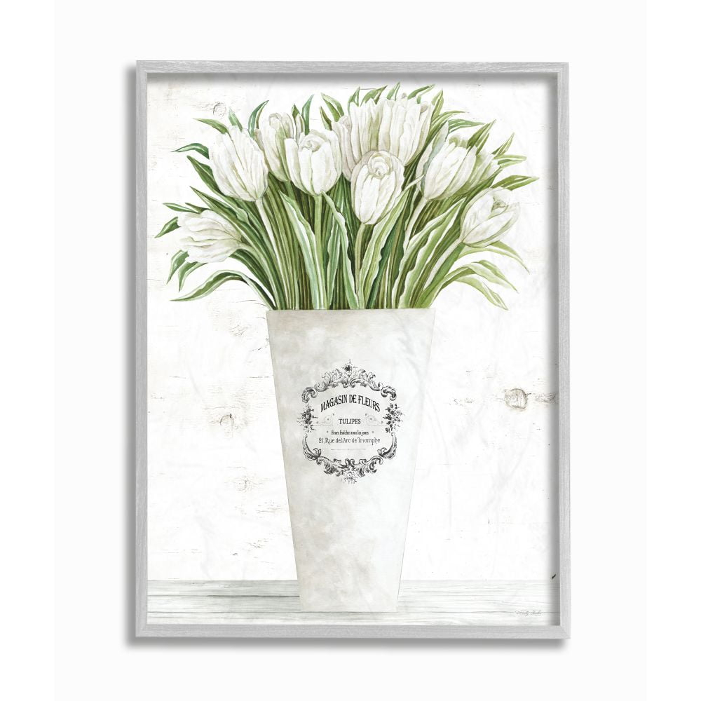 Stupell Industries White Tulip Bouquet in Parisian Vase Floral Arrangement Framed Wall Art Design by Cindy Jacobs, 11" x 14", Gray Framed