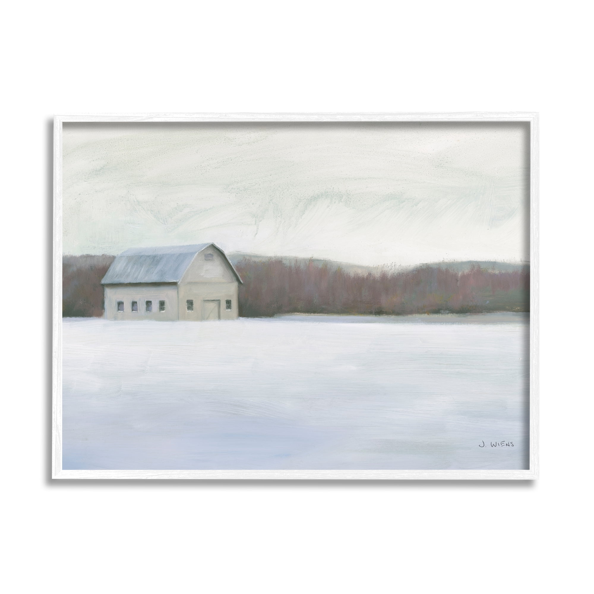 Stupell Industries Winter Barn with Snow Country Farm Landscape Landscape Painting White Framed Art Print Wall Art, 11 x 14