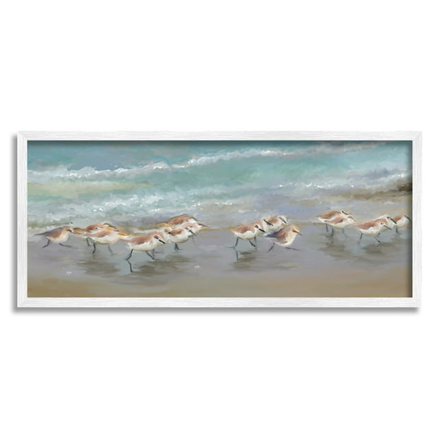 Stupell Sandpiper Flock Shoreline Splashing Landscape Painting White Framed Art Print Wall Art