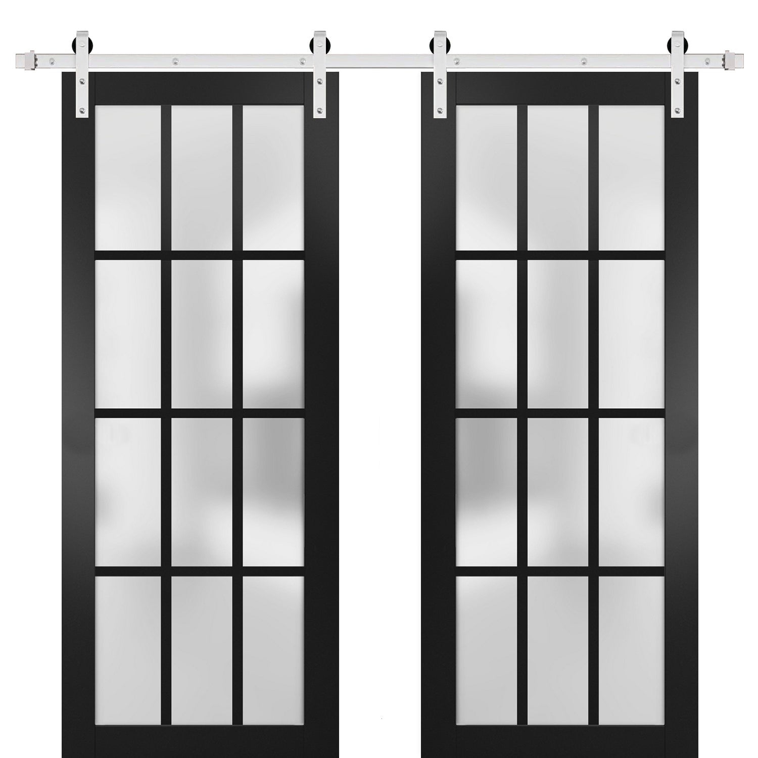 Sturdy Double Barn Door with Frosted Glass 12 Lites | Felicia 3312 Matte Black | 13FT Rail Hangers Heavy Set | Solid Panel Interior Doors-36" x 84" (2* 18x84)-Silver Rail