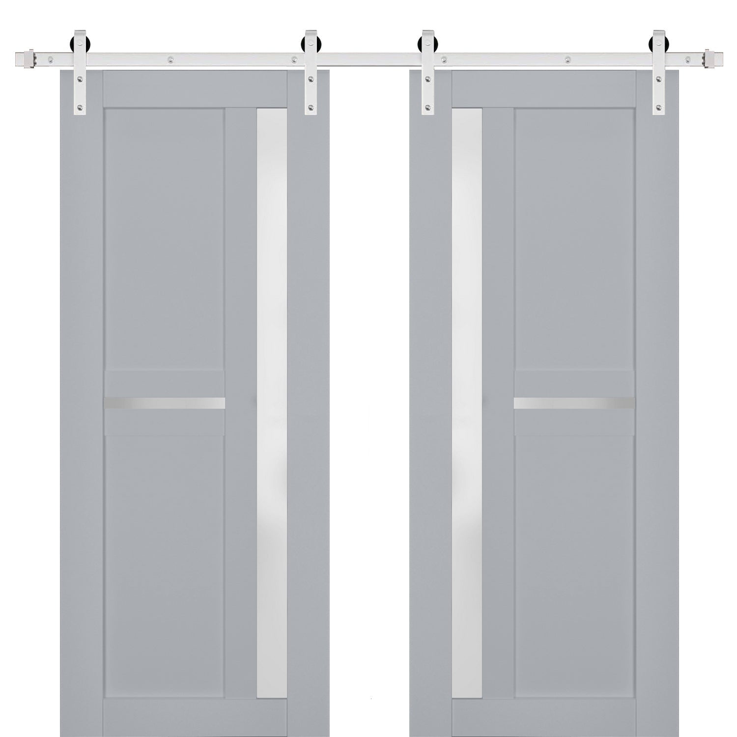 Sturdy Double Barn Door with Frosted Glass | Veregio 7288 Matte Grey | 13FT Rail Hangers Heavy Set | Solid Panel Interior Doors-72" x 84" (2* 36x84)-Silver Rail