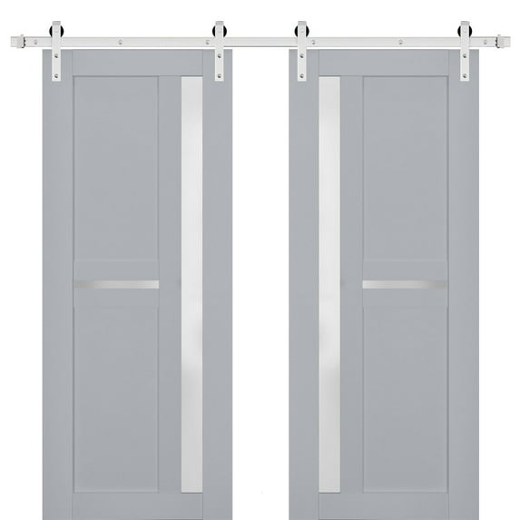 Sturdy Double Barn Door with Frosted Glass | Veregio 7288 Matte Grey | 13FT Rail Hangers Heavy Set | Solid Panel Interior Doors-72" x 84" (2* 36x84)-Silver Rail