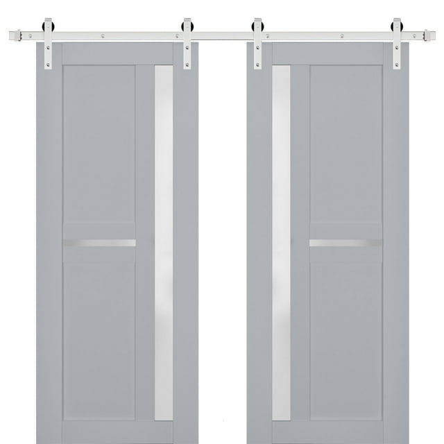 Sturdy Double Barn Door with Frosted Glass | Veregio 7288 Matte Grey | 13FT Rail Hangers Heavy Set | Solid Panel Interior Doors-72" x 84" (2* 36x84)-Silver Rail