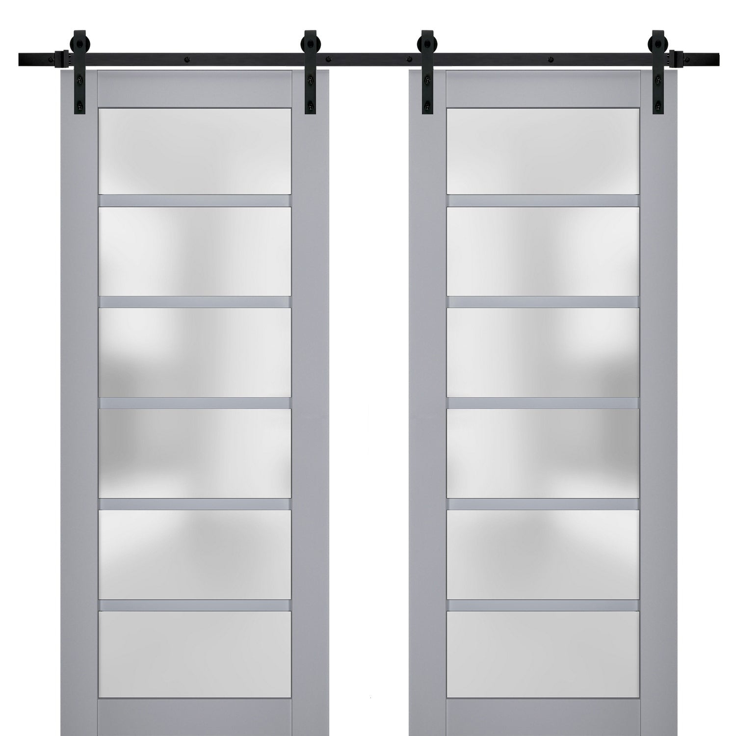 Sturdy Double Barn Door with Frosted Glass | Veregio 7602 Matte Grey | 13FT Rail Hangers Heavy Set | Solid Panel Interior Doors-64" x 84" (2* 32x84)-Black Rail