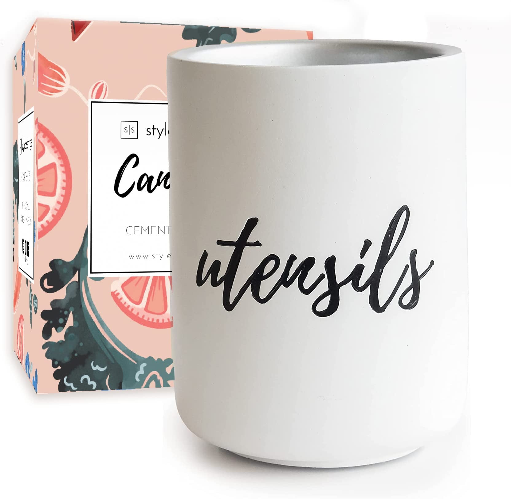 Styled Settings White & Silver Cement Utensil Holder