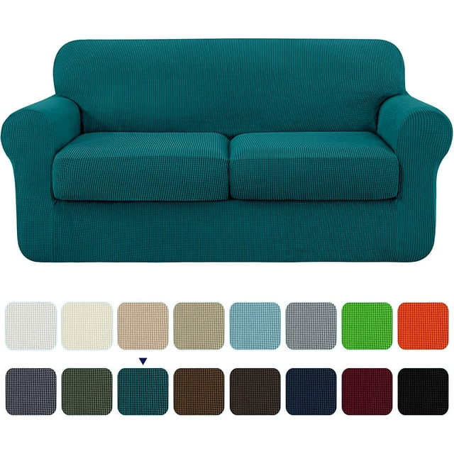 Subrtex 3-Piece High Spandex Textured Grid Sofa Slipcover, Separate Cushion Cover(Turquoise, Loveseat)