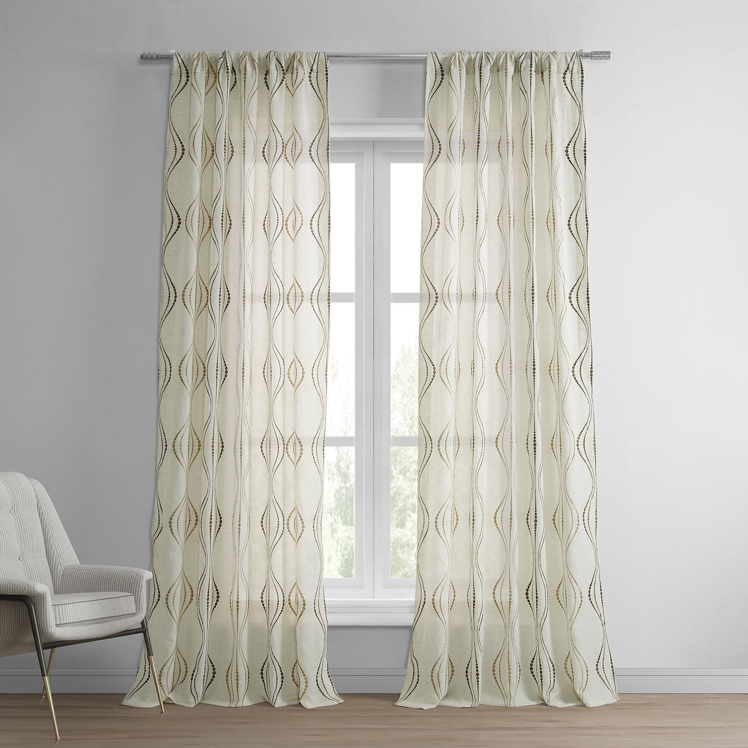 Suez Bronze Embroidered Faux Linen Sheer Curtain (1 Panel), Suez Bronze, 50W X 96L