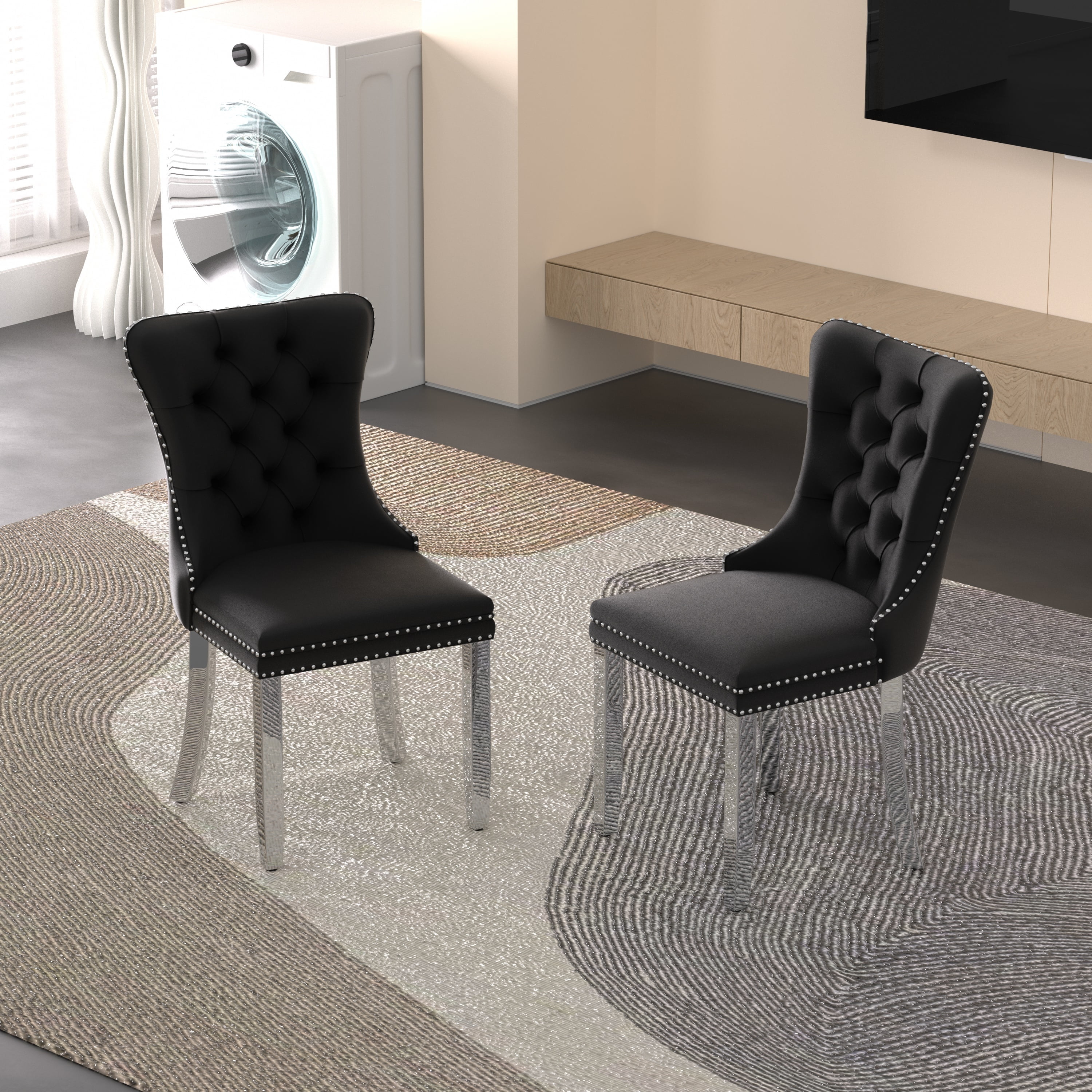 Sumdeal Velvet Dining Chairs Set of 2, Tall Back Side Chair, Modern Upholstered High-end Tufted Side Chair with Button Back Ring,Black with Silver Leg