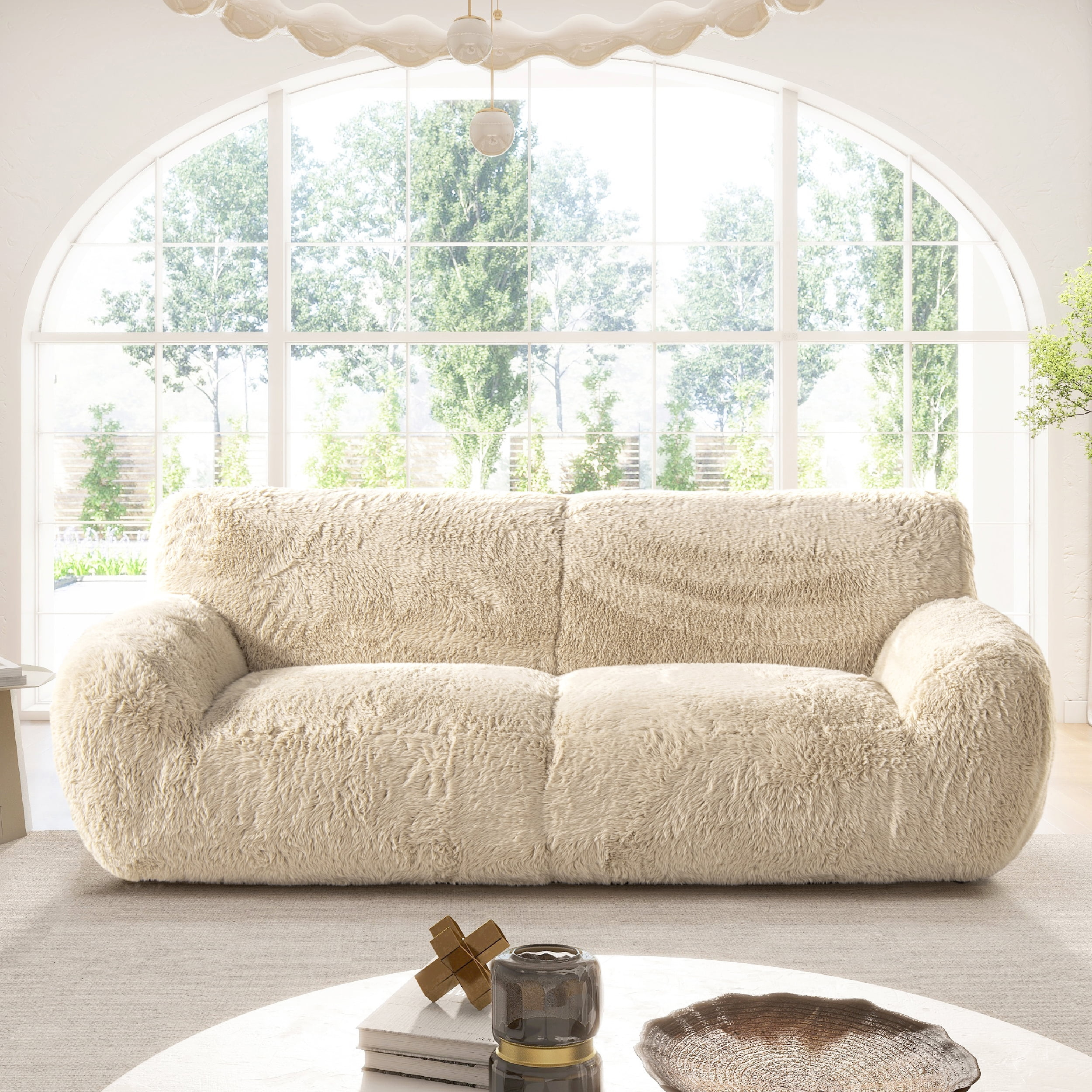 Summit 83" Faux Sheepskin Overstuffed Sofa Cream Beige