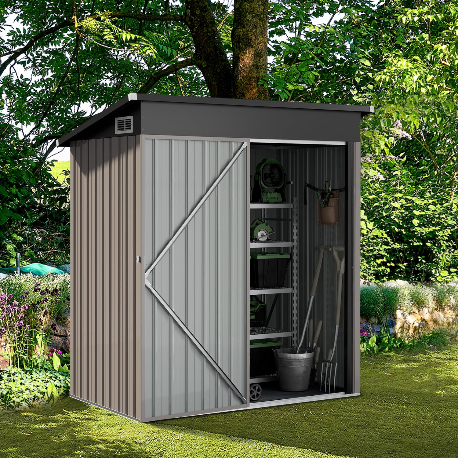 Sumthink 5 x 3 FT Outdoor Storage Shed, Metal Shed for Garden, Backyard, Patio, Brown