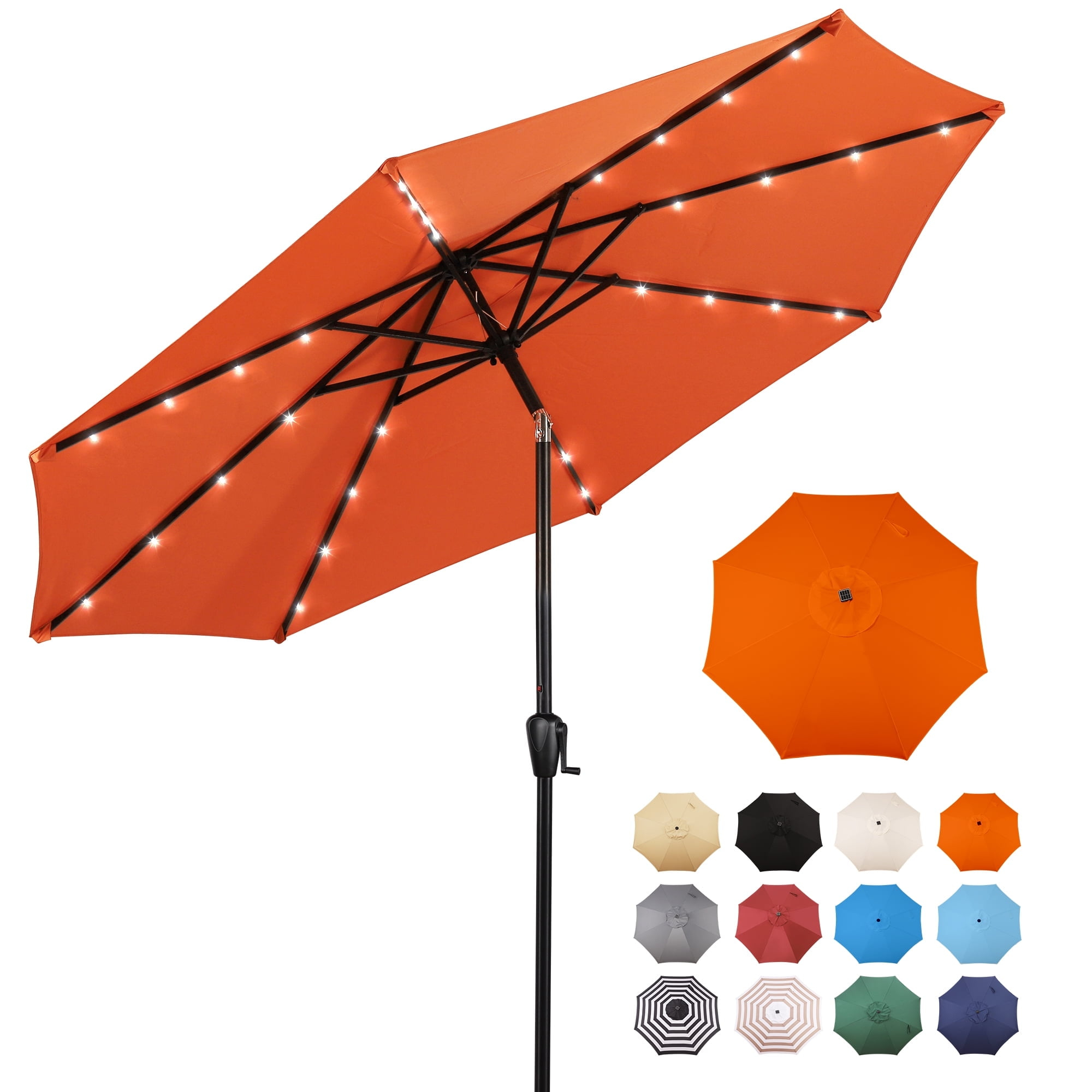 Sun-Ray 9 FT 32 LED Patio Solar Umbrella w/ Push Button Tilt and Crank Outdoor Umbrella, 8 Sturdy Ribs, UV Protection, Solution-Dyed Fabric, Orange