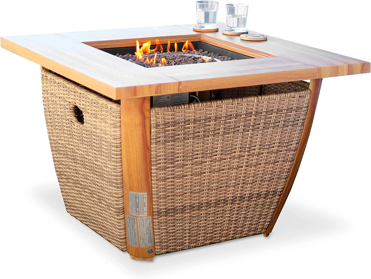 Sunjoy 38 Inch Smokeless Fire Pit Outdoor Wicker Propane Gas Fire Pit Table Hidden Propane Tank Fire Pits with Lid and Lava Rocks
