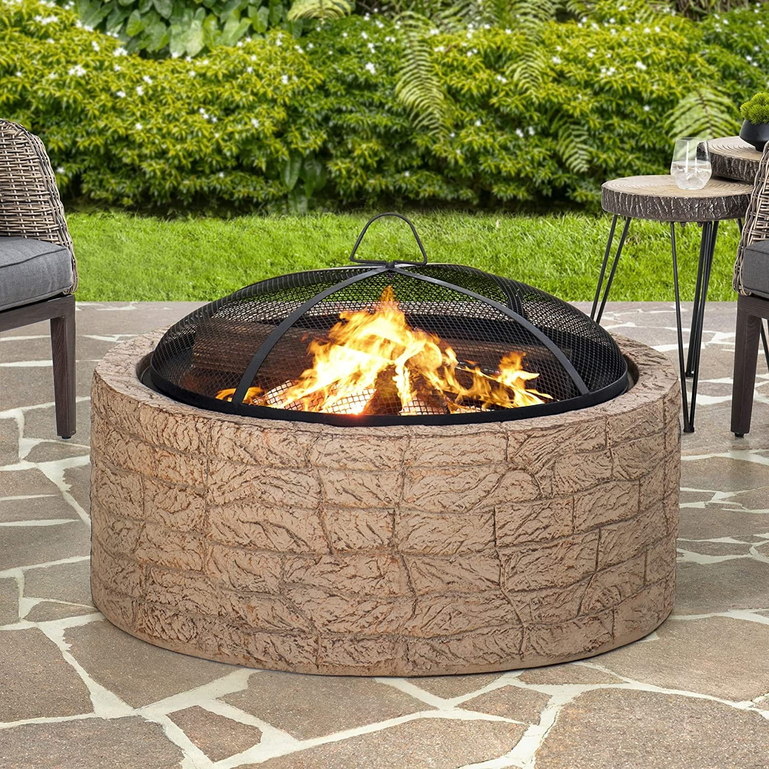 Sunjoy Stone Fire Pit 26 Inch, Outdoor Round Wood Burning Fire Pits with Spark Screen and Poker  Tan