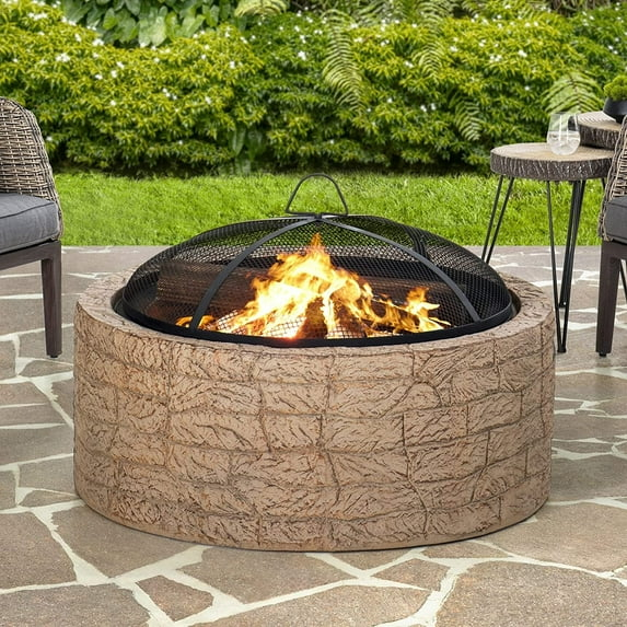 Sunjoy Stone Fire Pit 26 Inch, Outdoor Round Wood Burning Fire Pits with Spark Screen and Poker  Tan