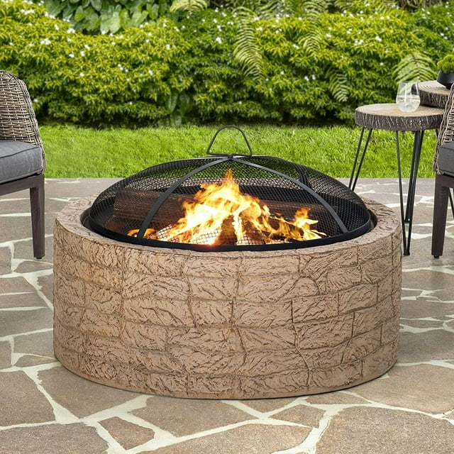 Sunjoy Stone Fire Pit 26 Inch, Outdoor Round Wood Burning Fire Pits with Spark Screen and Poker  Tan