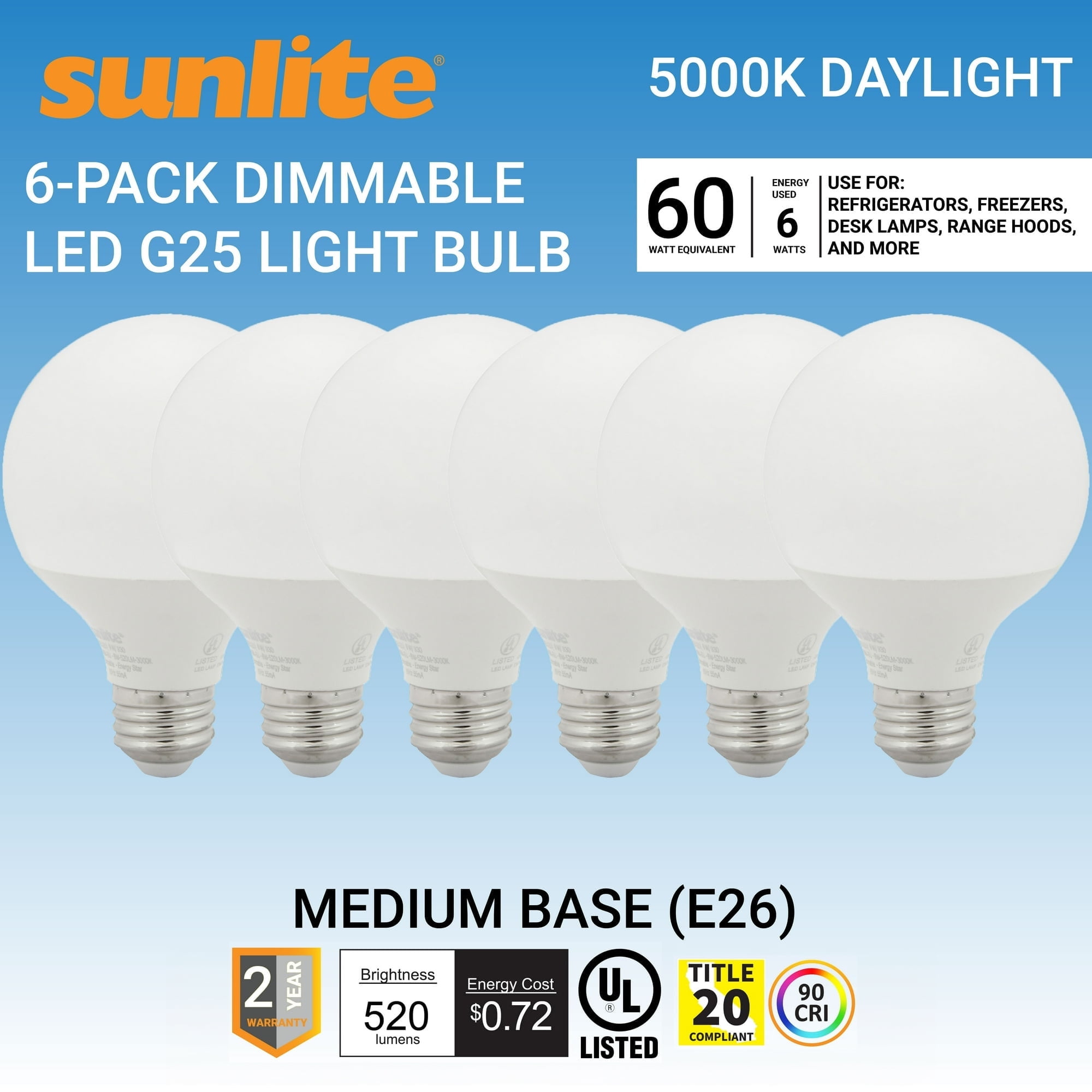Sunlite LED G25 Globe Light Bulb, 6 Watts (60W Equivalent), Standard E26 Base, 520 Lumens, Dimmable, Frosted, 90 CRI, 5000K Daylight, 6 Pack