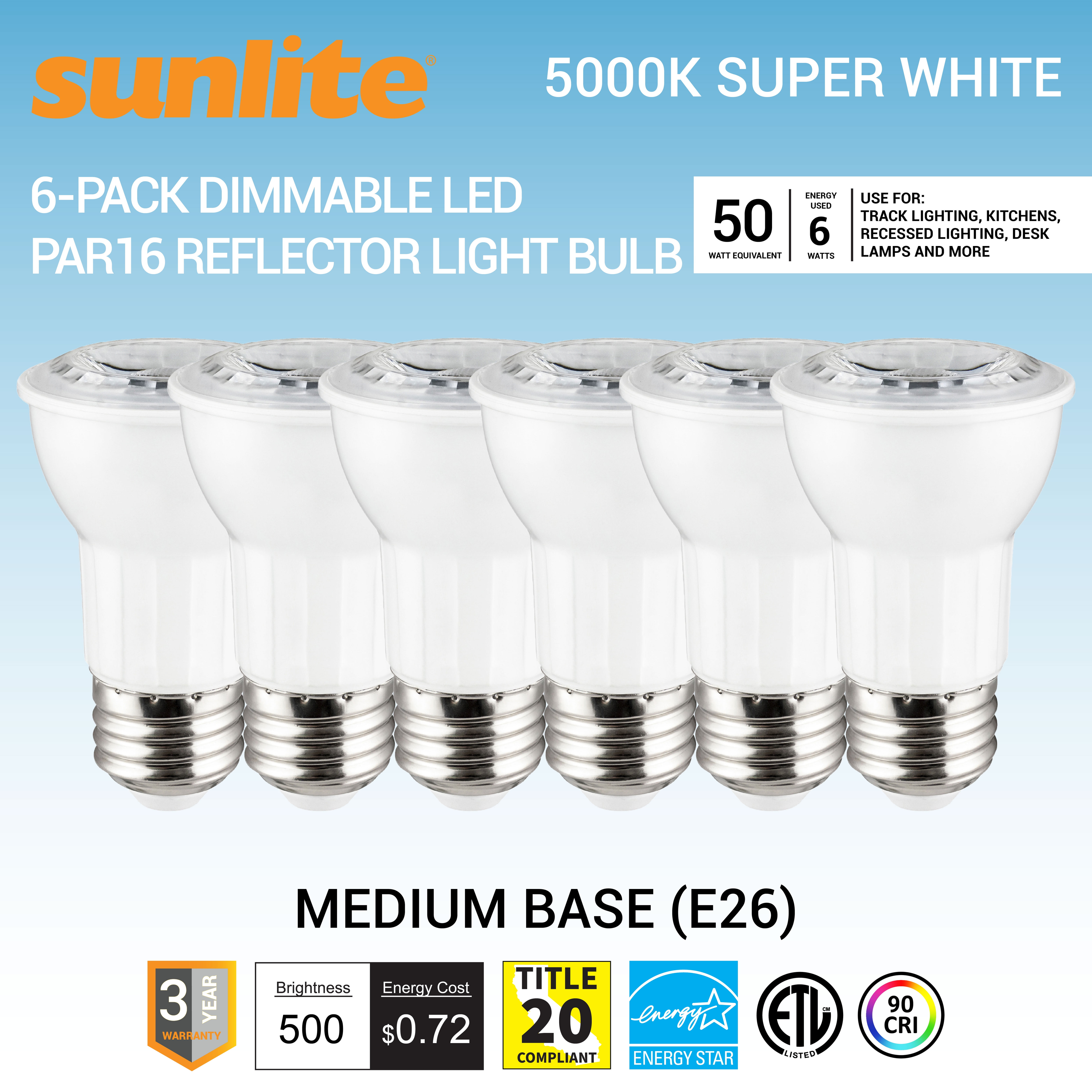 Sunlite LED PAR16 Reflector Light Bulb, 6 Watts (50W Equivalent), Medium E26 Base, Dimmable,ETL Listed, 5000K Daylight, 6-Pack