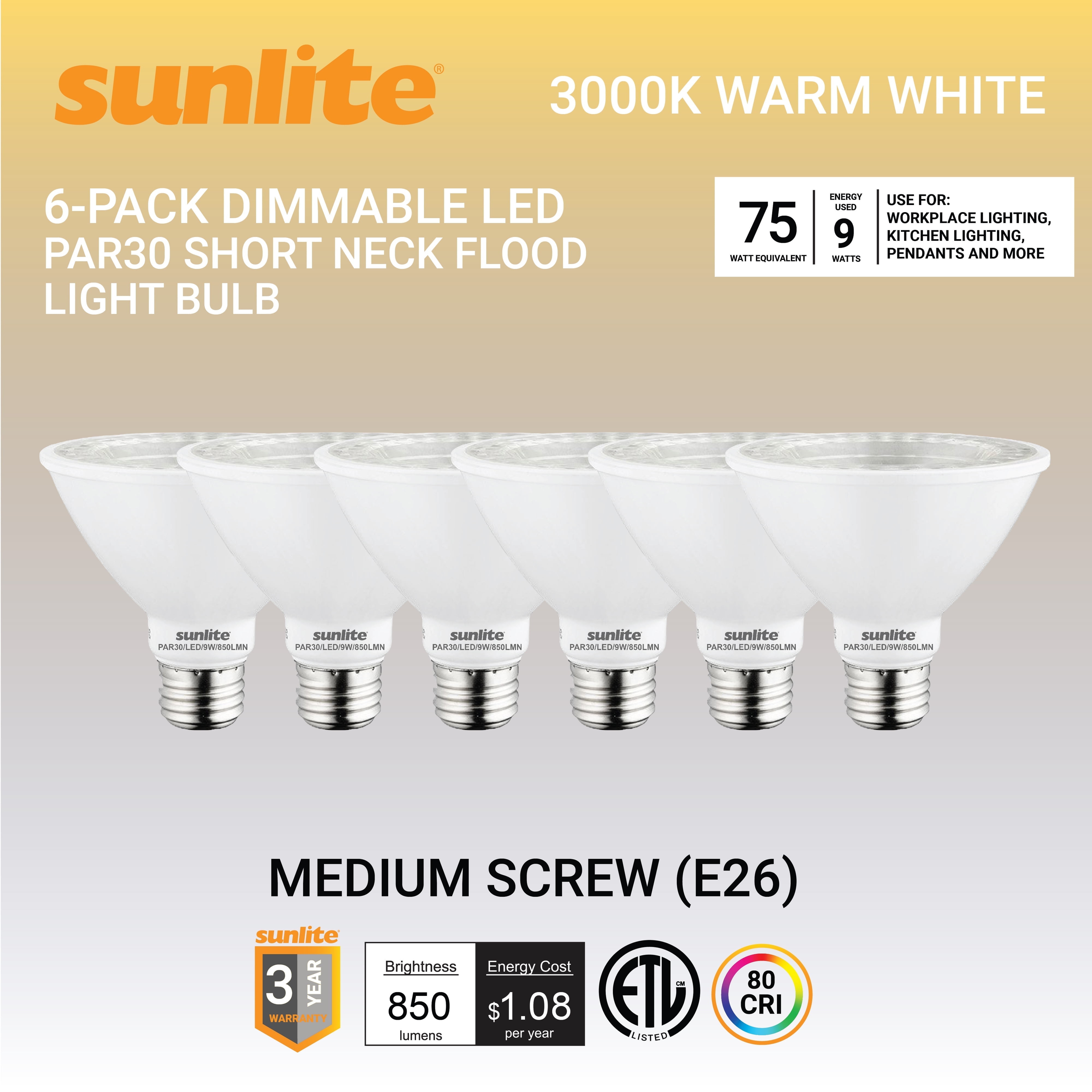 Sunlite LED PAR30 Short Neck Flood Light Bulb, 9 Watts, (75W Equivalent), 850 Lumens, Medium Screw (E26) Base, Dimmable, ETL Listed, 3000K Warm White, 6 Pack