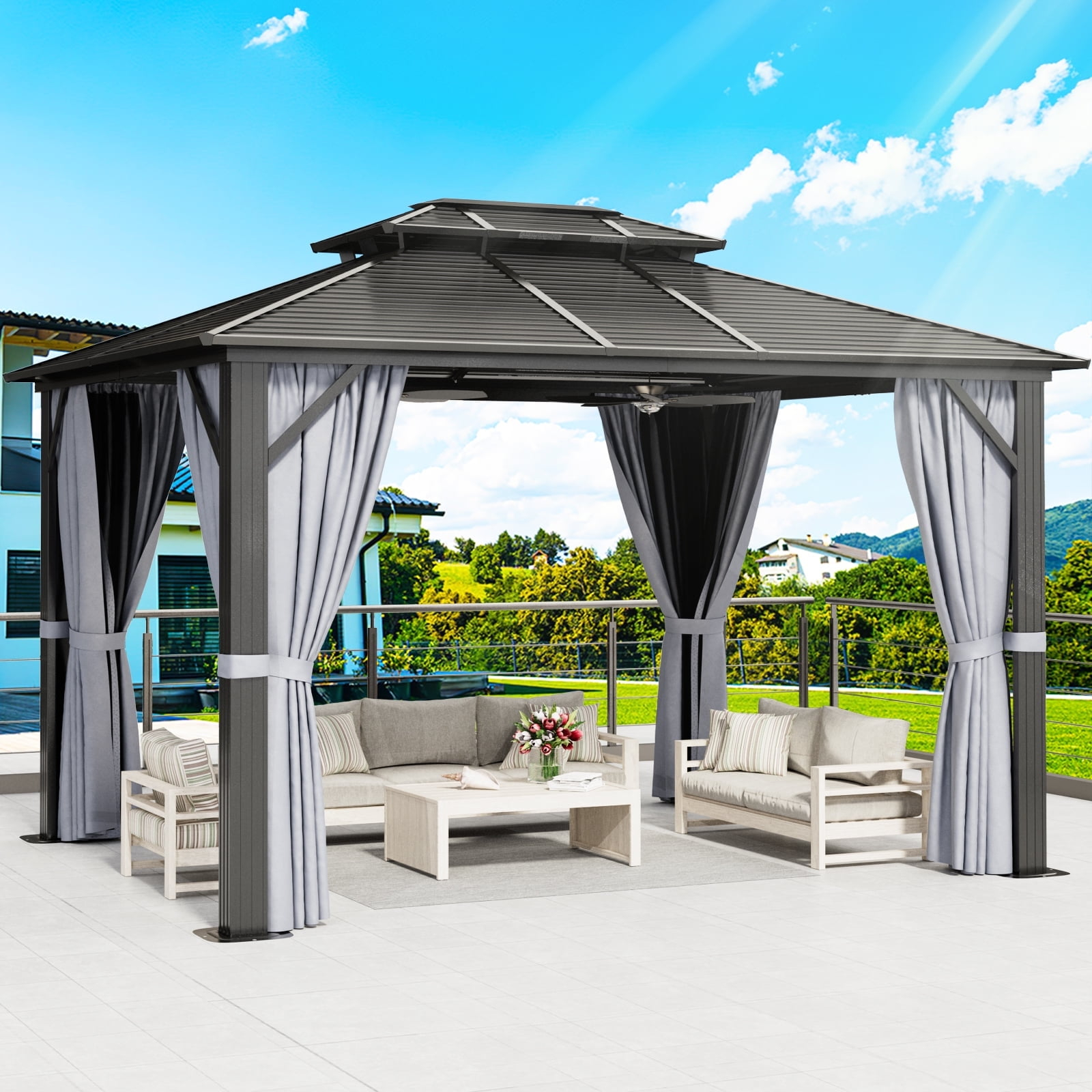 Sunmthink Patio 10x12 ft. Hardtop Gazebo, Double Roof Aluminum Frame with Netting and Curtains, Gray